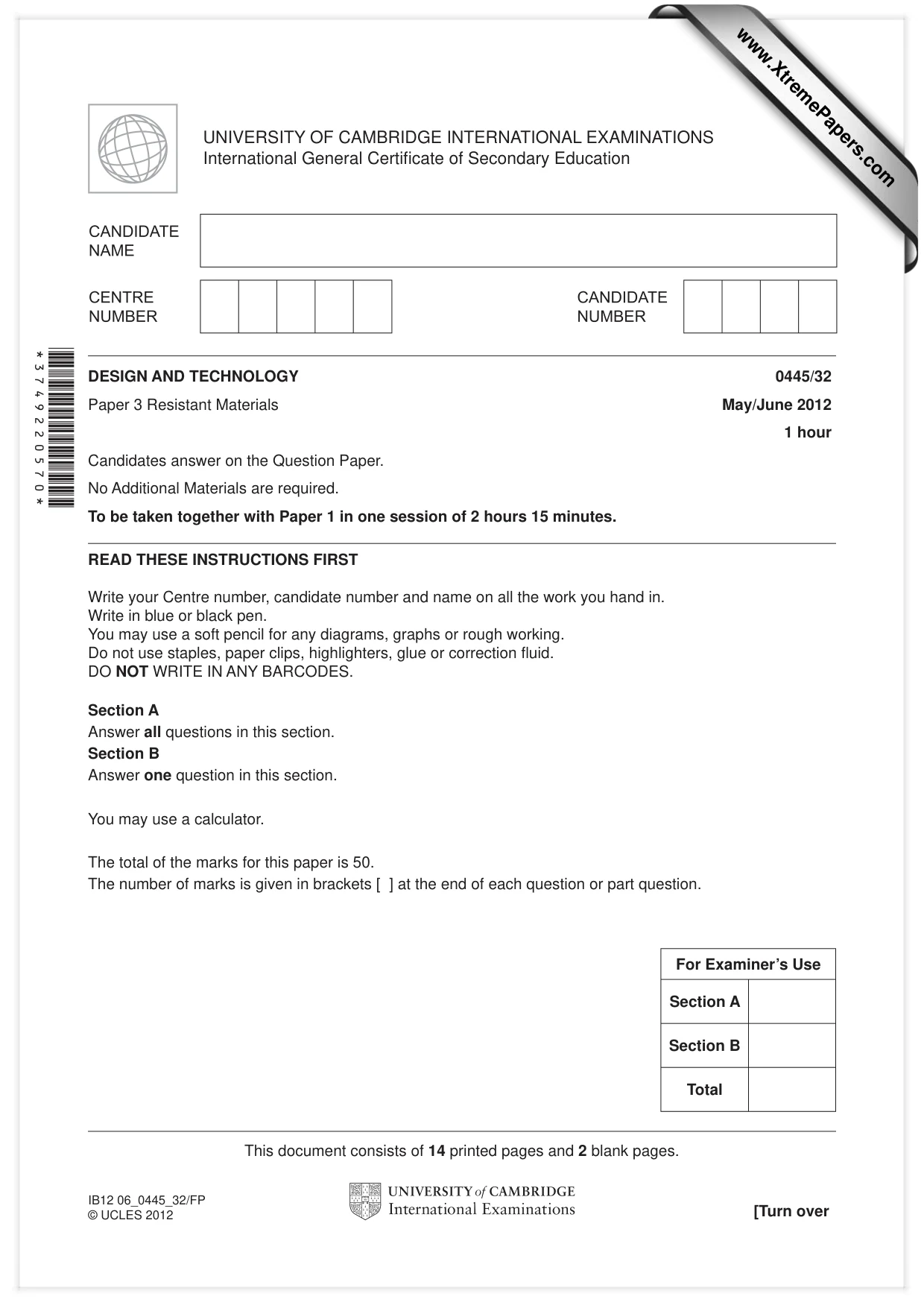 Cambridge IGCSE Design and Technology 0445 2012 May/June Paper 3 · Variant 2 question paper, page 1 of 16