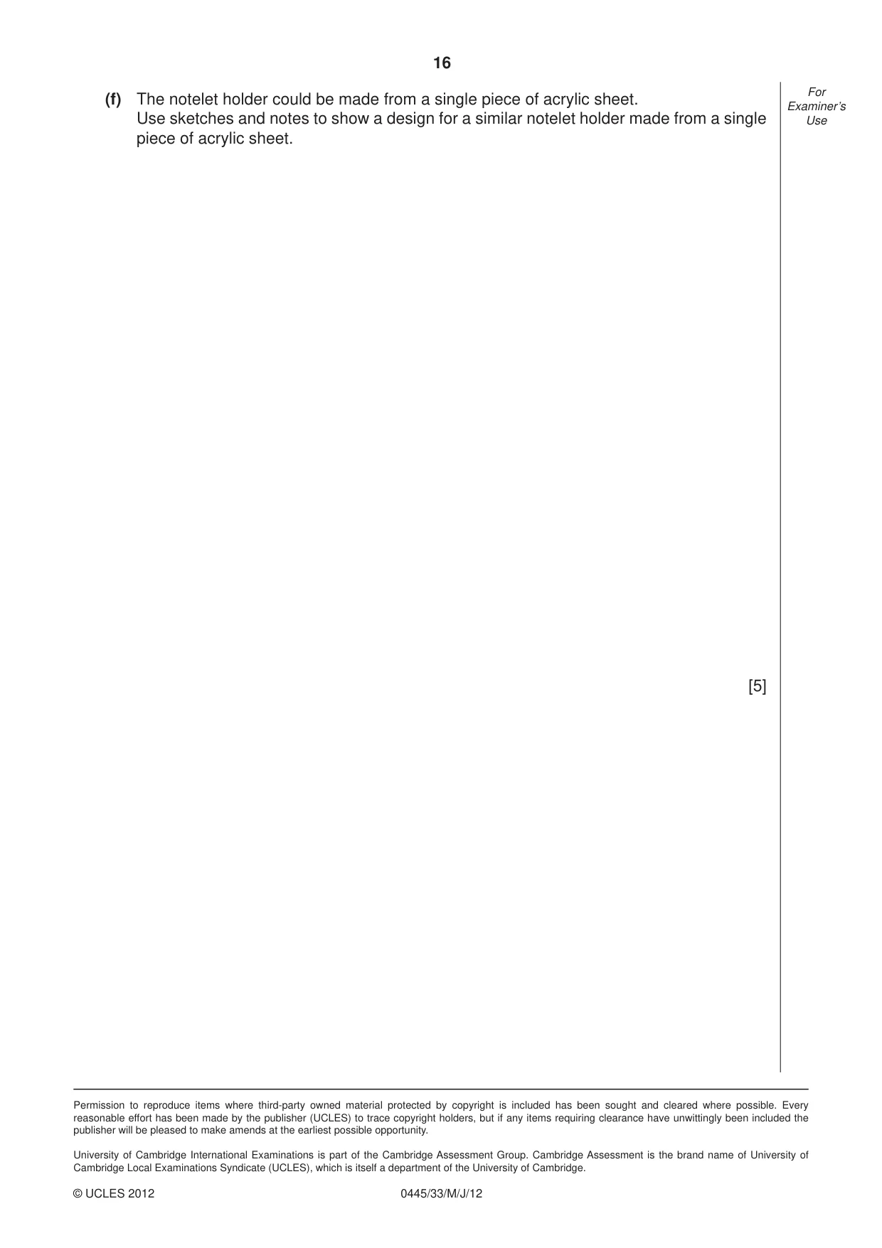 Cambridge IGCSE Design and Technology 0445 2012 May/June Paper 3 · Variant 3 question paper, page 16 of 16