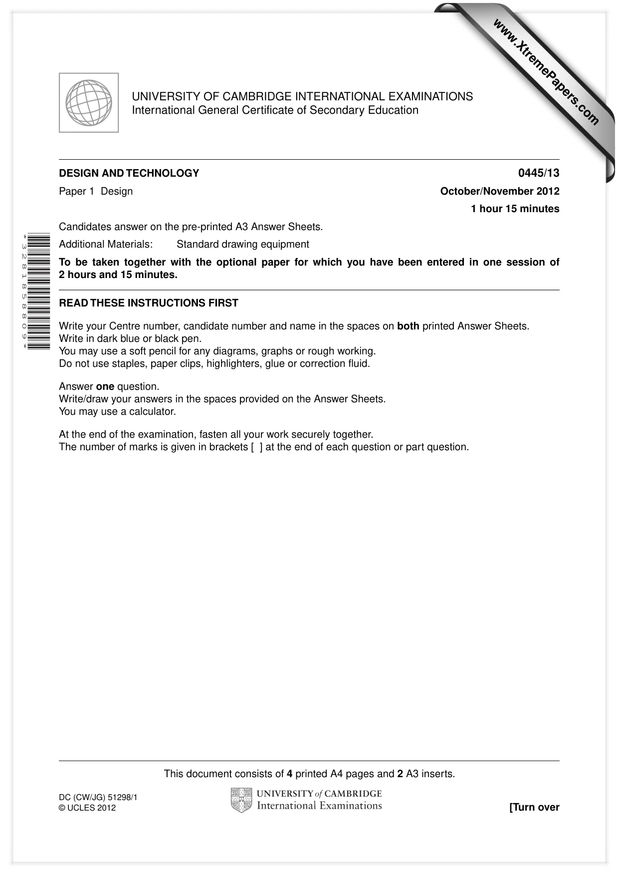 Cambridge IGCSE Design and Technology 0445 2012 Oct/Nov Paper 1 · Variant 3 question paper, page 1 of 4