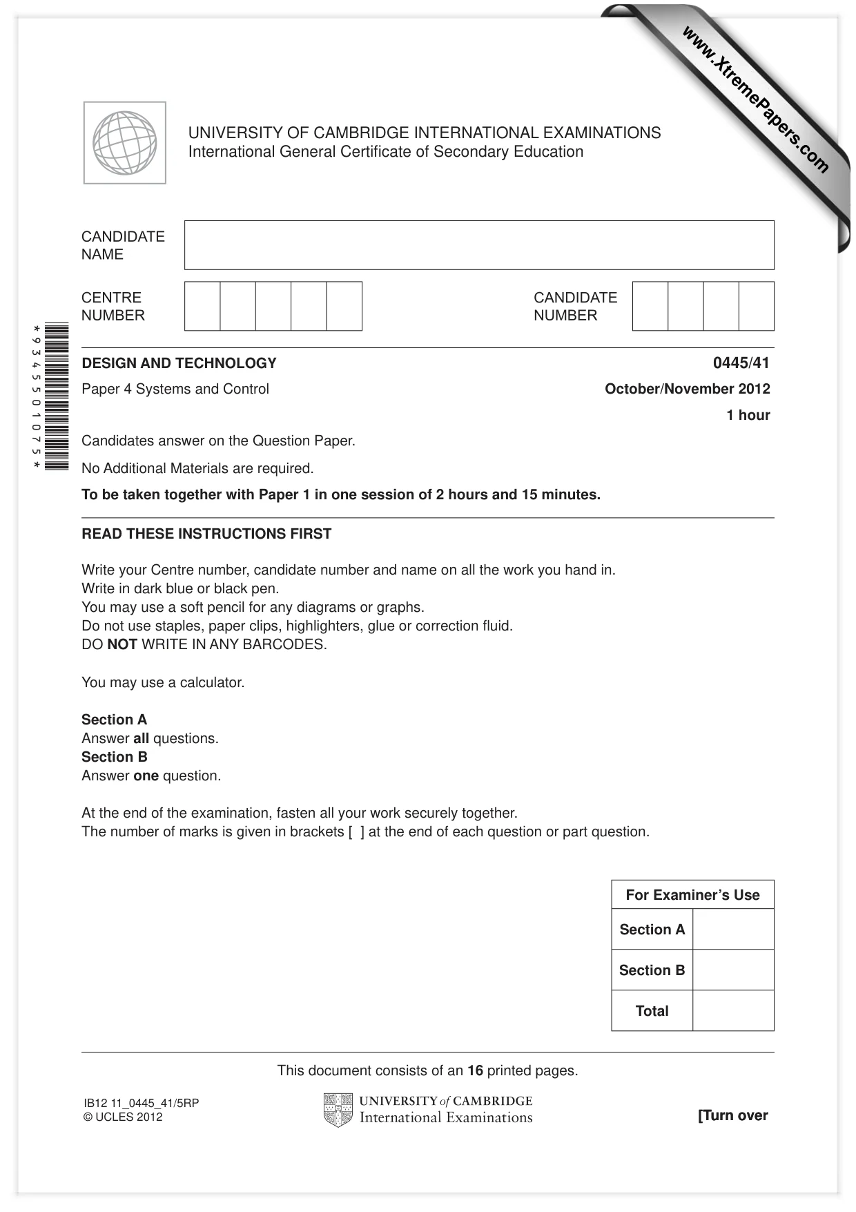Cambridge IGCSE Design and Technology 0445 2012 Oct/Nov Paper 4 · Variant 1 question paper, page 1 of 16