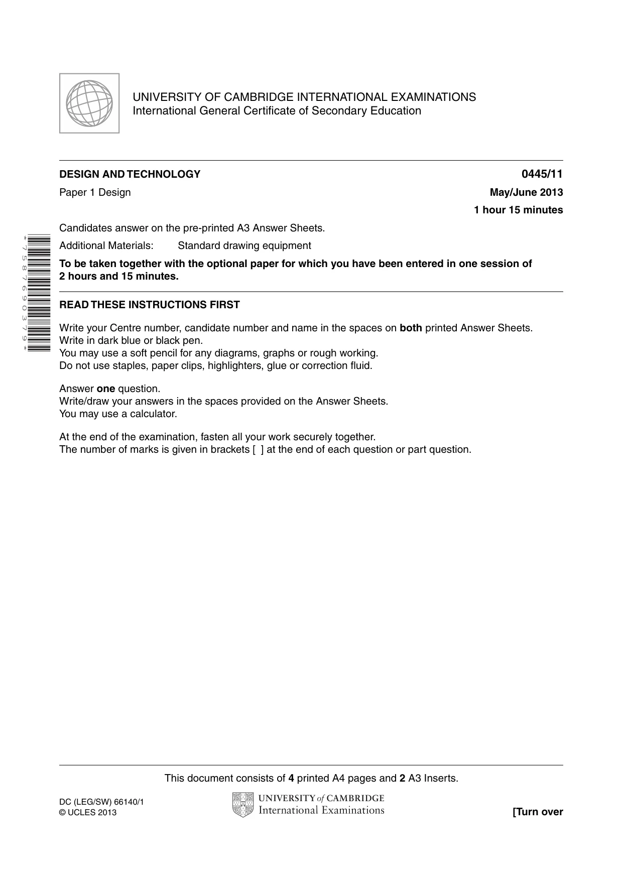 Cambridge IGCSE Design and Technology 0445 2013 May/June Paper 1 · Variant 1 question paper, page 1 of 4