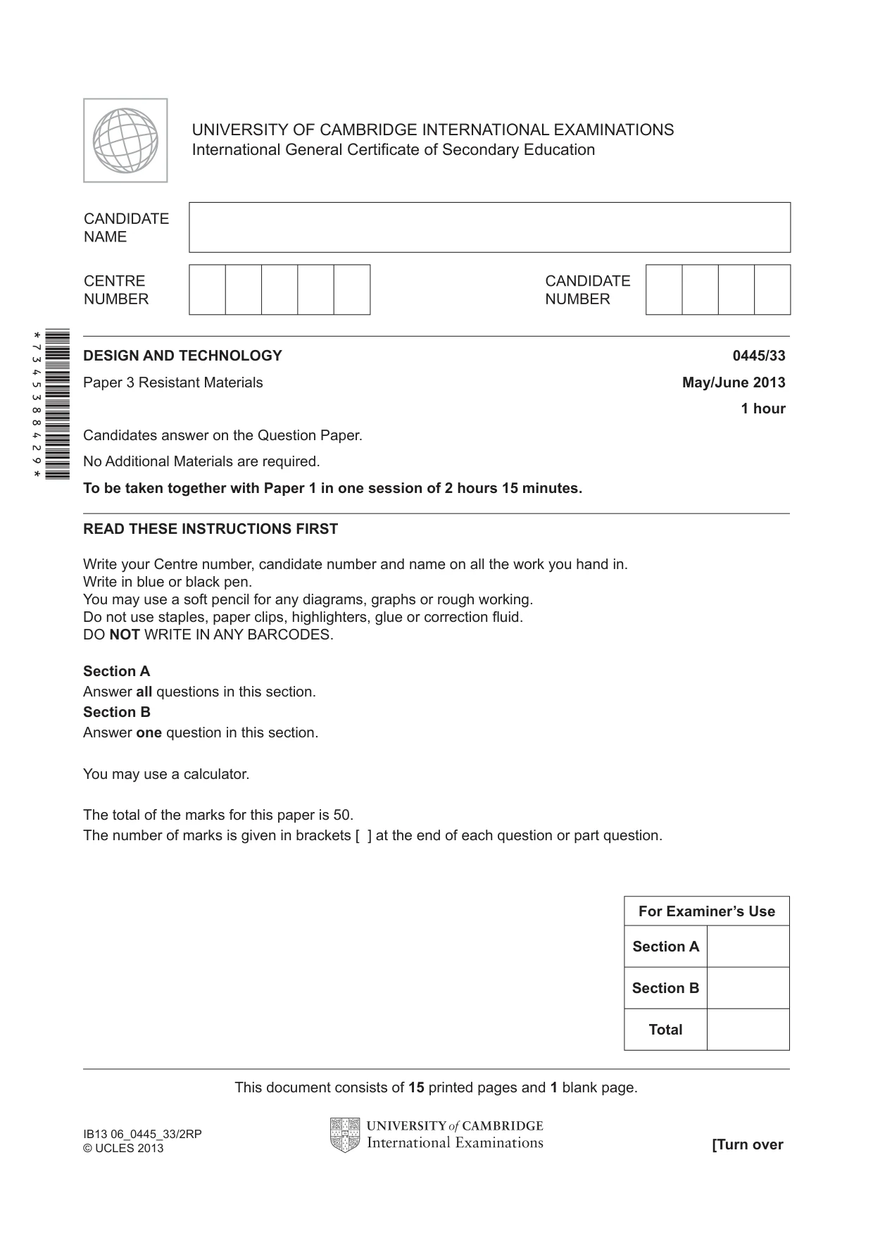 Cambridge IGCSE Design and Technology 0445 2013 May/June Paper 3 · Variant 3 question paper, page 1 of 16