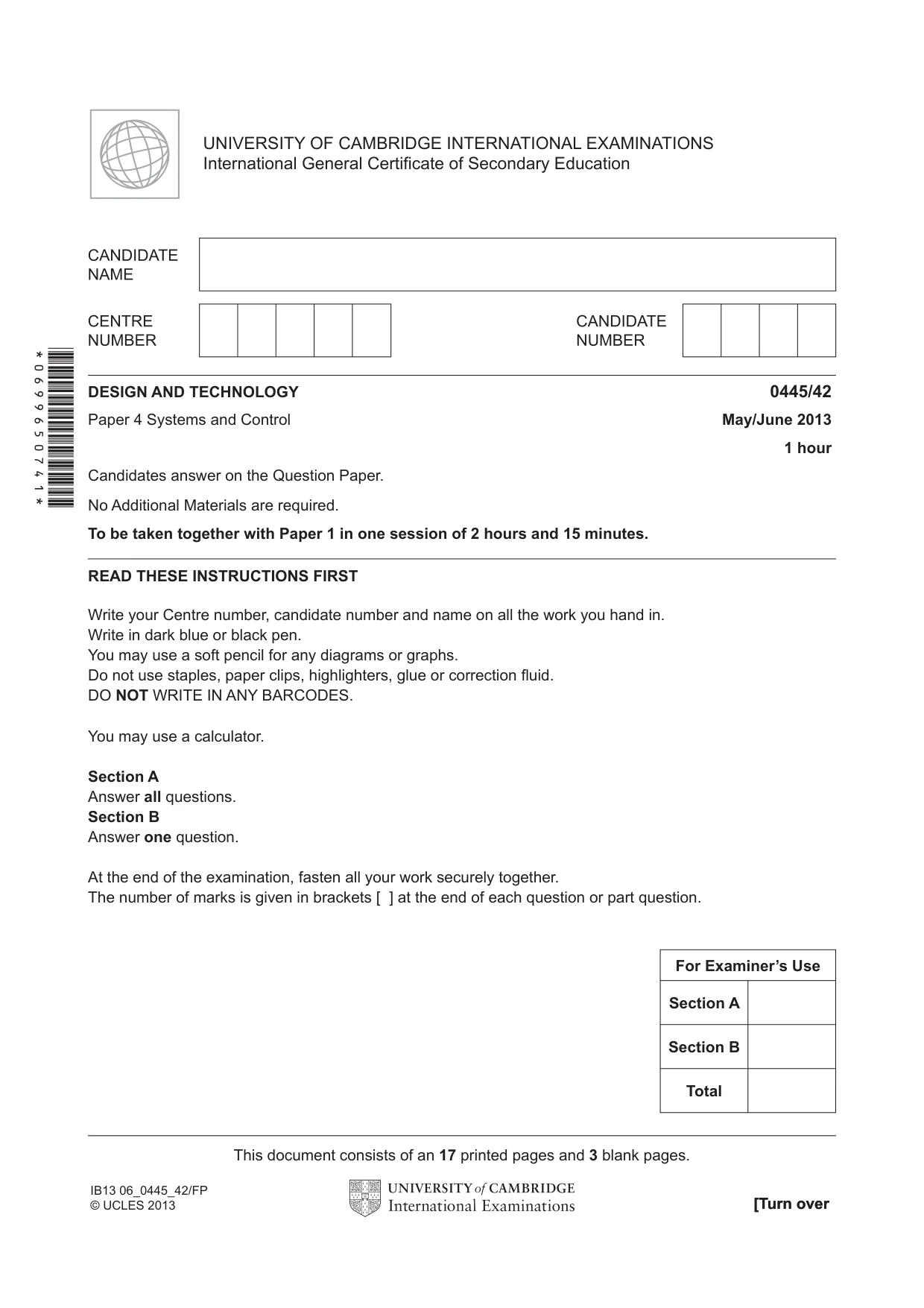 Cambridge IGCSE Design and Technology 0445 2013 May/June Paper 4 · Variant 2 question paper, page 1 of 20