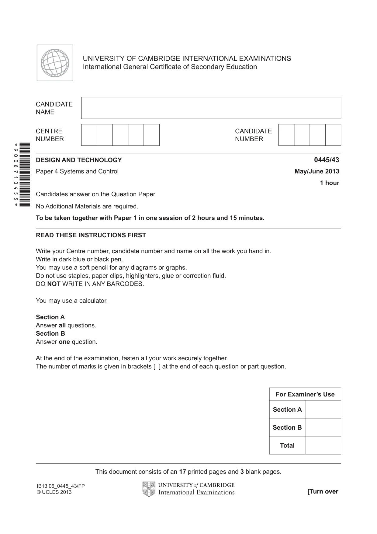 Cambridge IGCSE Design and Technology 0445 2013 May/June Paper 4 · Variant 3 question paper, page 1 of 20