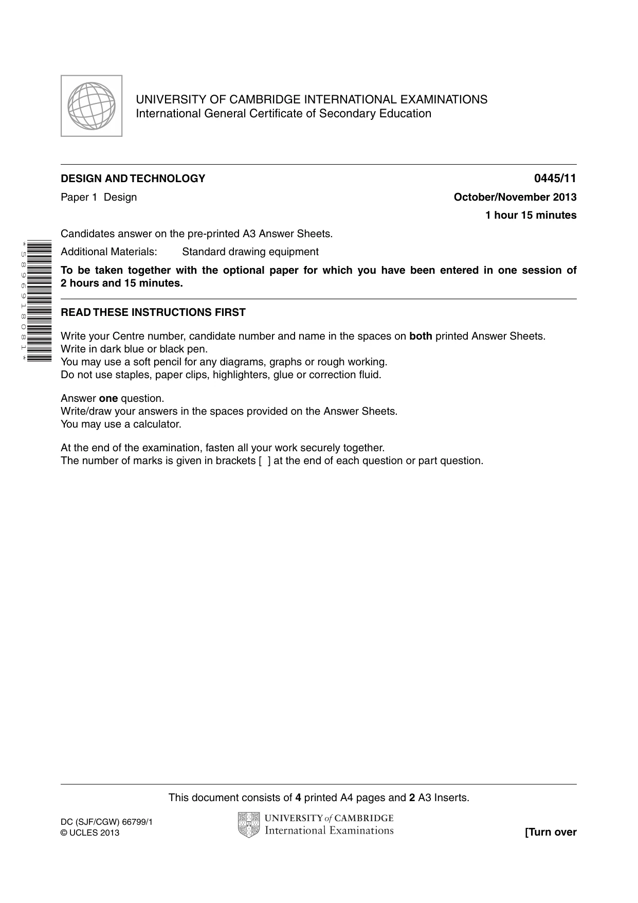 Cambridge IGCSE Design and Technology 0445 2013 Oct/Nov Paper 1 · Variant 1 question paper, page 1 of 4