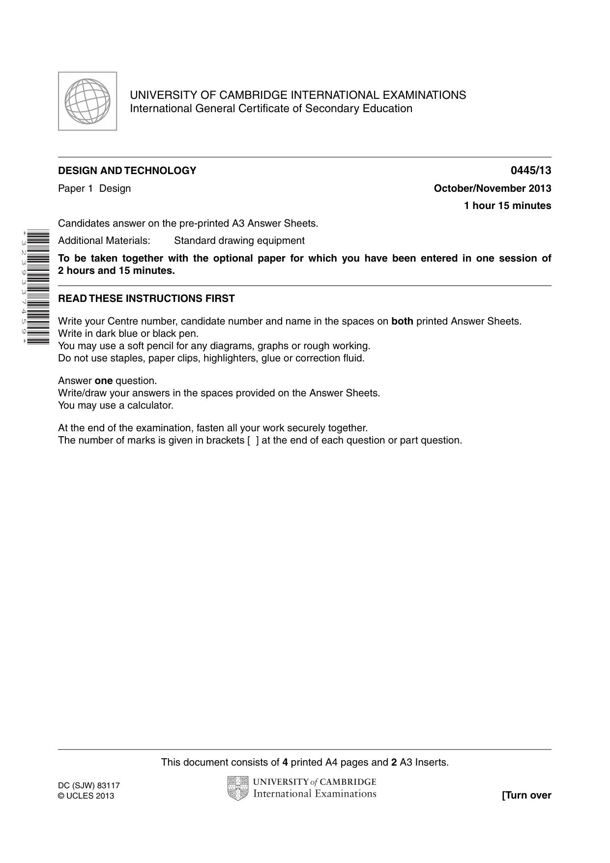 Cambridge IGCSE Design and Technology 0445 2013 Oct/Nov Paper 1 · Variant 3 question paper, page 1 of 4