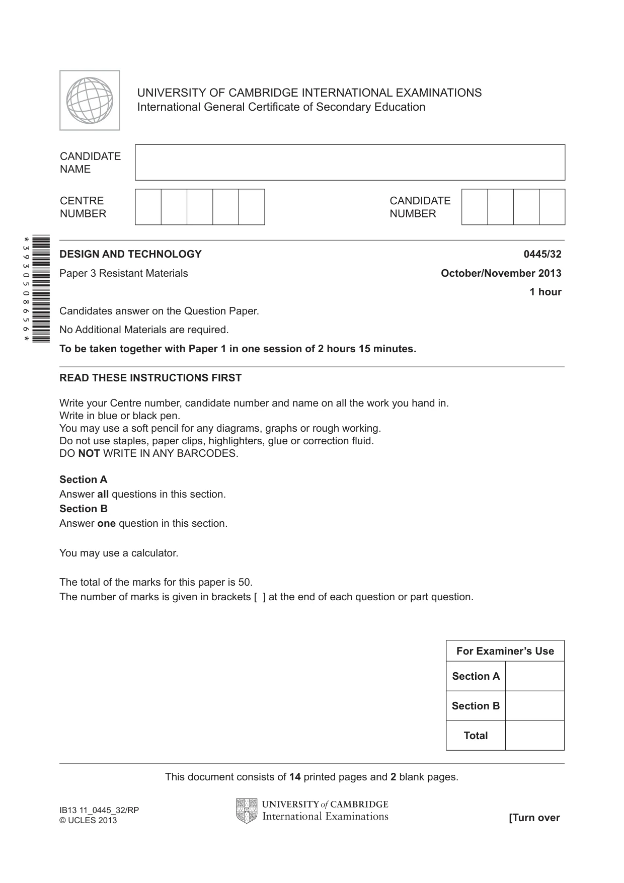 Cambridge IGCSE Design and Technology 0445 2013 Oct/Nov Paper 3 · Variant 2 question paper, page 1 of 16