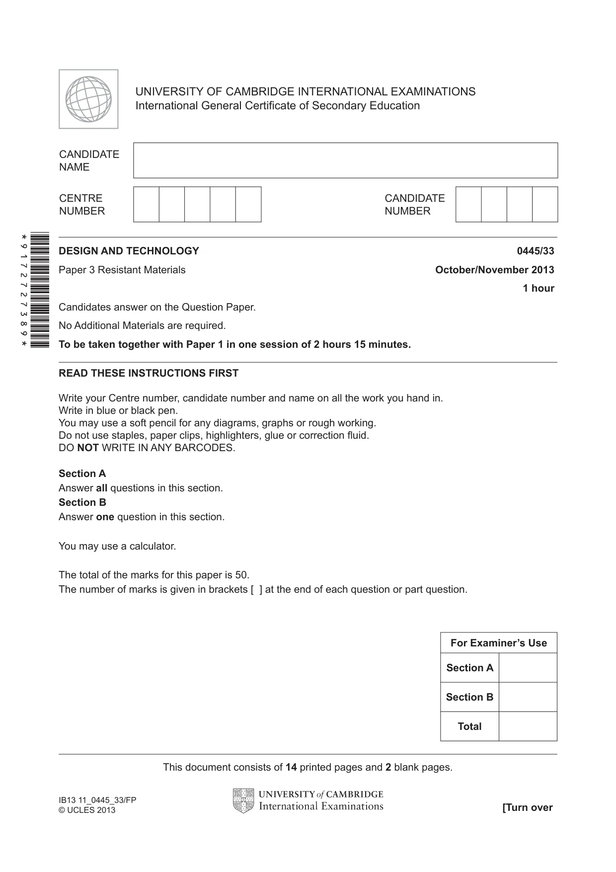 Cambridge IGCSE Design and Technology 0445 2013 Oct/Nov Paper 3 · Variant 3 question paper, page 1 of 16