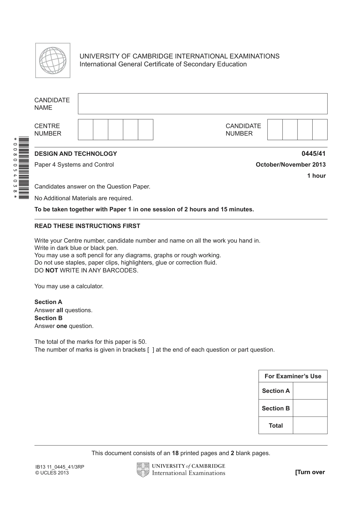 Cambridge IGCSE Design and Technology 0445 2013 Oct/Nov Paper 4 · Variant 1 question paper, page 1 of 20