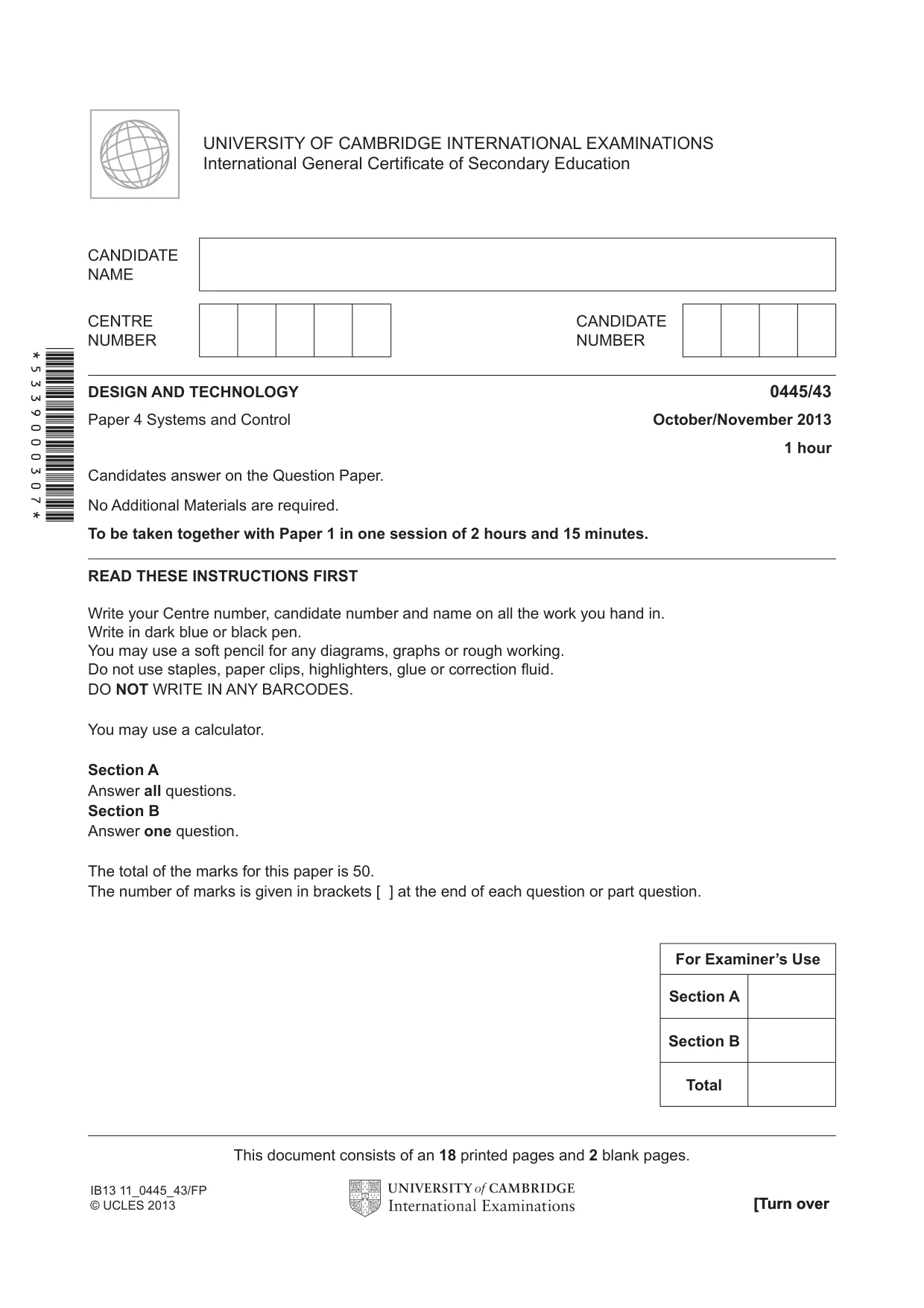 Cambridge IGCSE Design and Technology 0445 2013 Oct/Nov Paper 4 · Variant 3 question paper, page 1 of 20