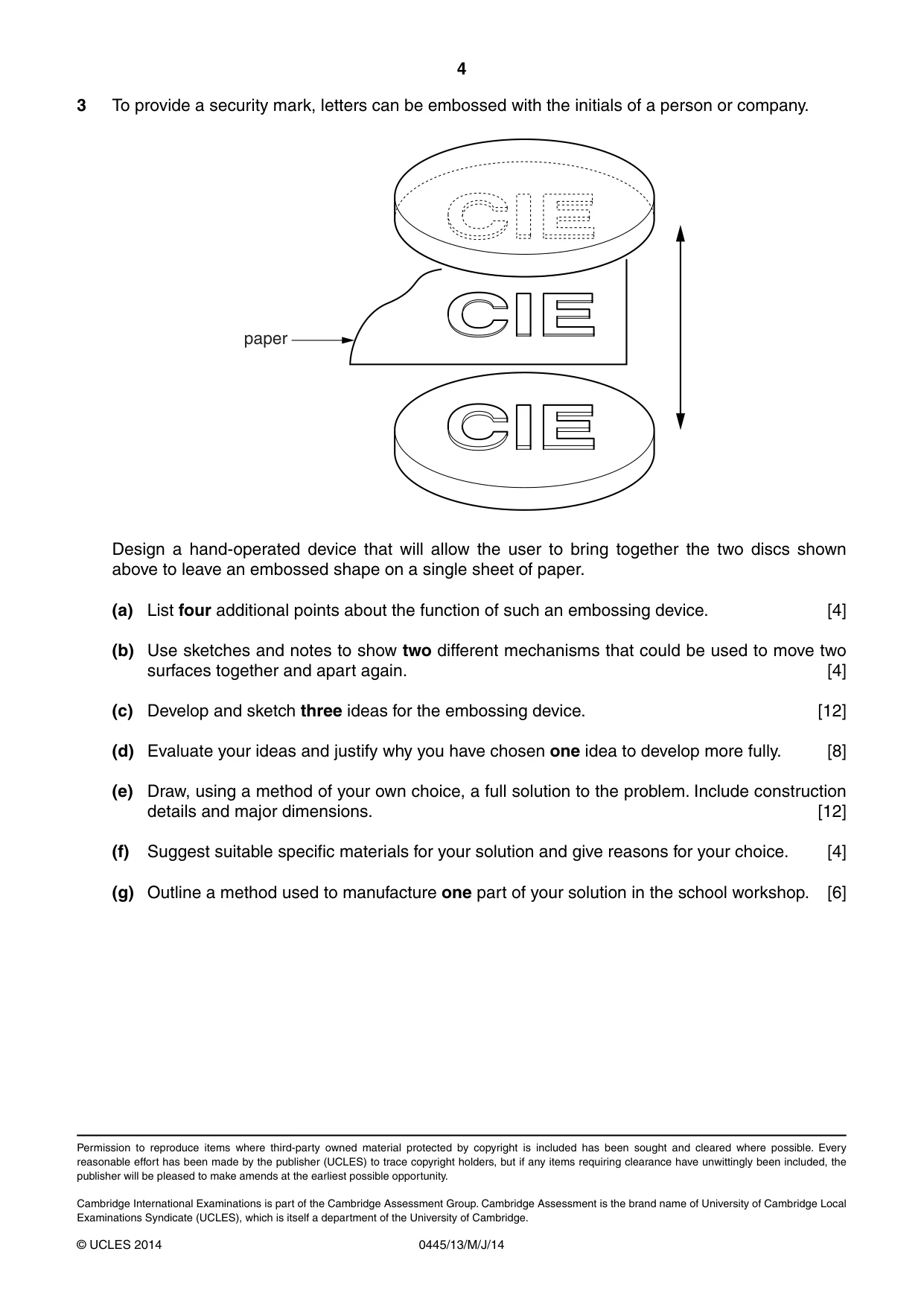 Cambridge IGCSE Design and Technology 0445 2014 May/June Paper 1 · Variant 3 question paper, page 4 of 4