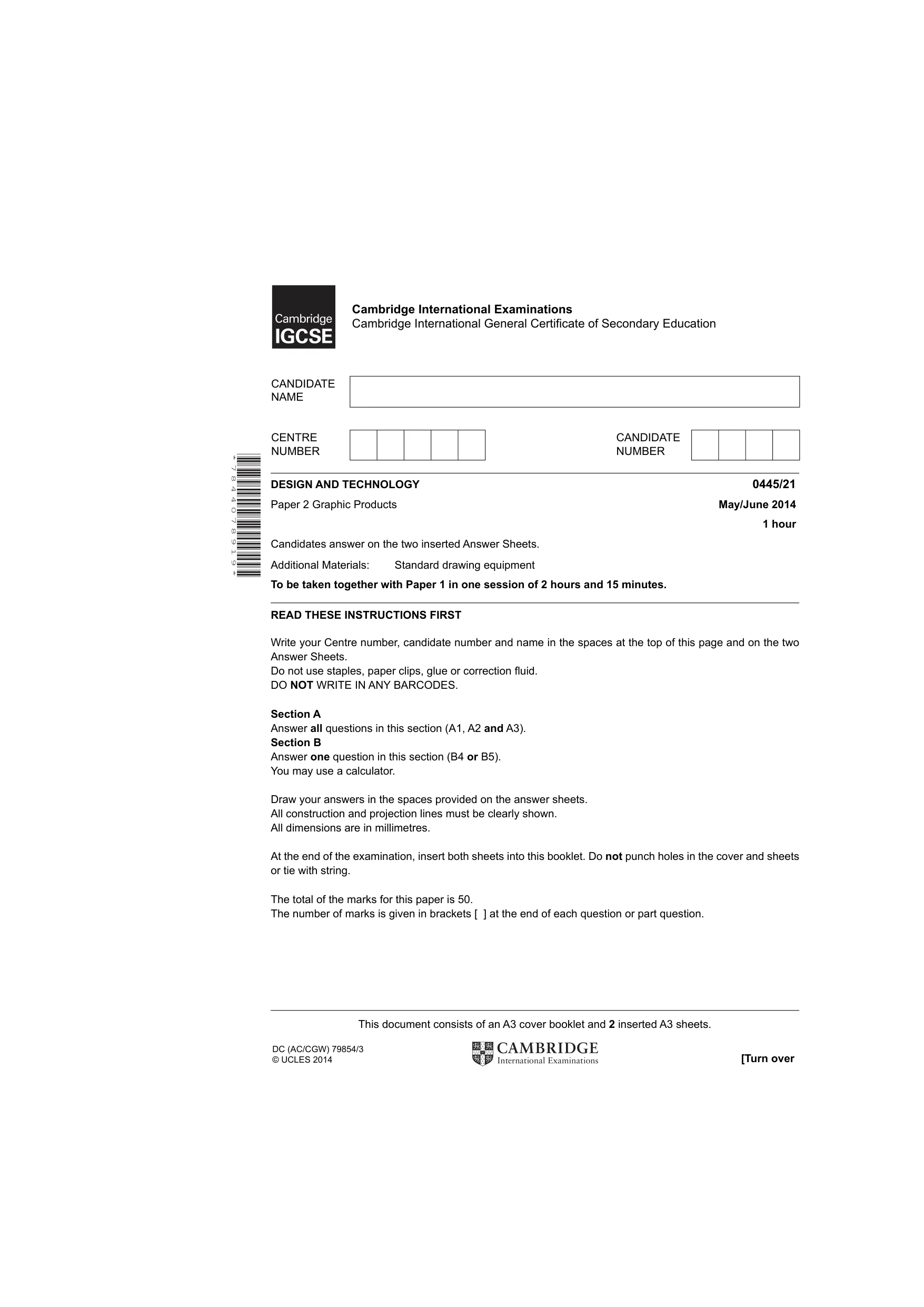 Cambridge IGCSE Design and Technology 0445 2014 May/June Paper 2 · Variant 1 question paper, page 1 of 4