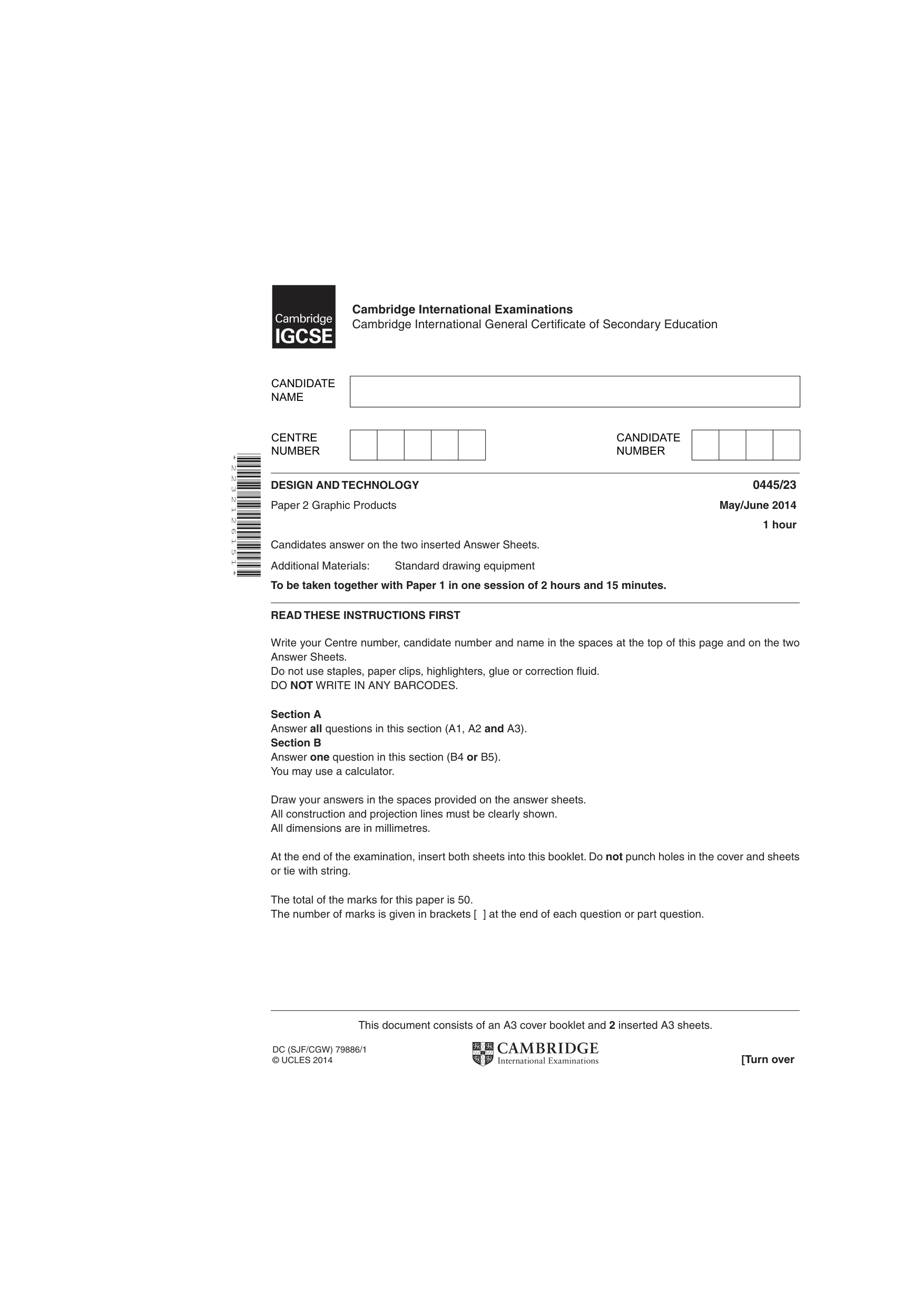 Cambridge IGCSE Design and Technology 0445 2014 May/June Paper 2 · Variant 3 question paper, page 1 of 4