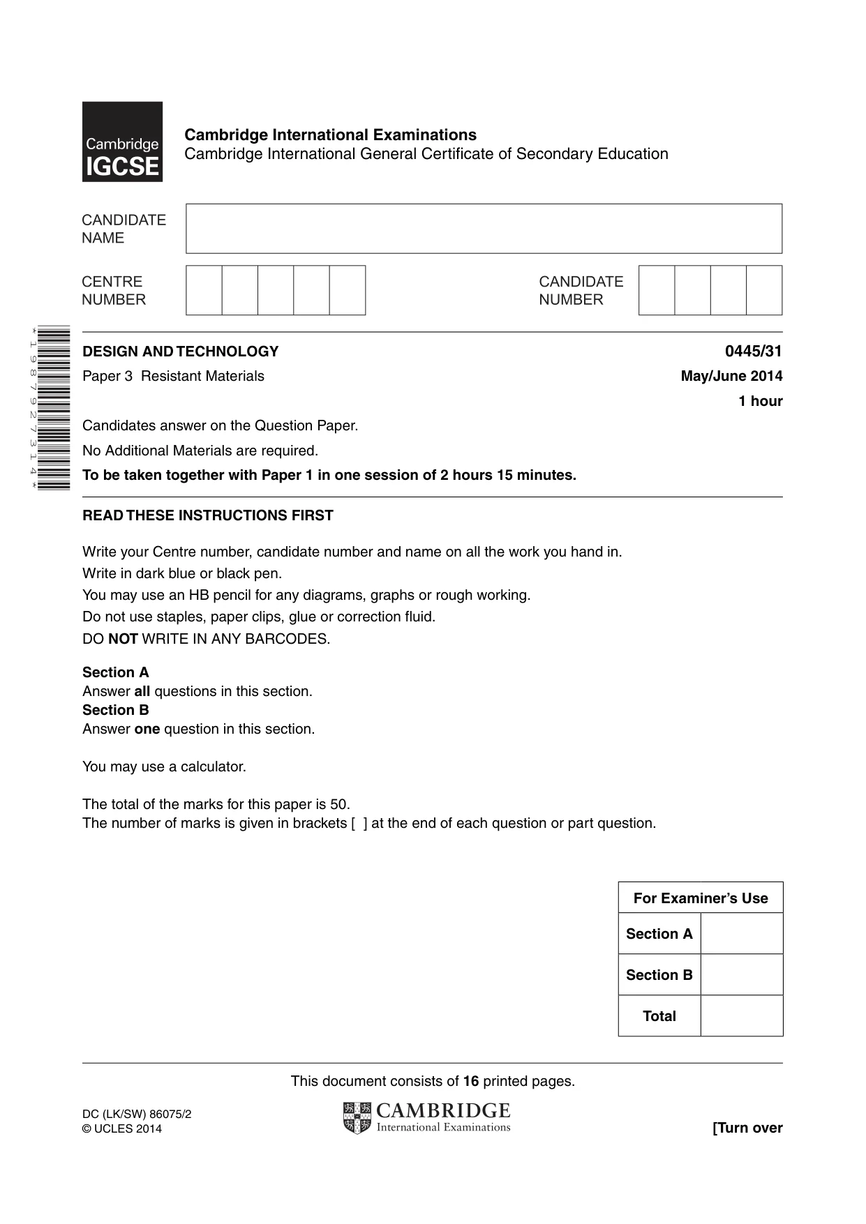 Cambridge IGCSE Design and Technology 0445 2014 May/June Paper 3 · Variant 1 question paper, page 1 of 16