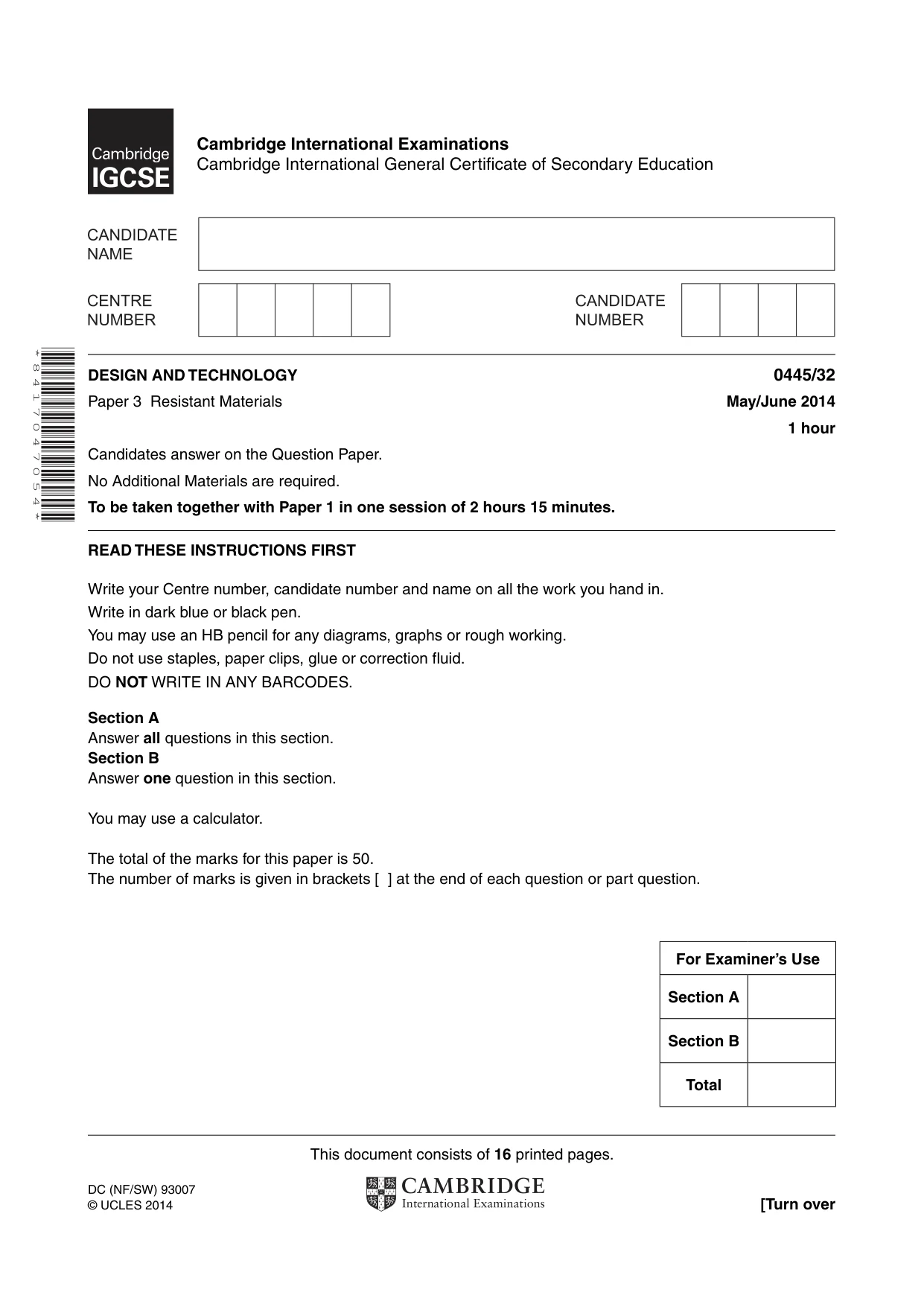 Cambridge IGCSE Design and Technology 0445 2014 May/June Paper 3 · Variant 2 question paper, page 1 of 16