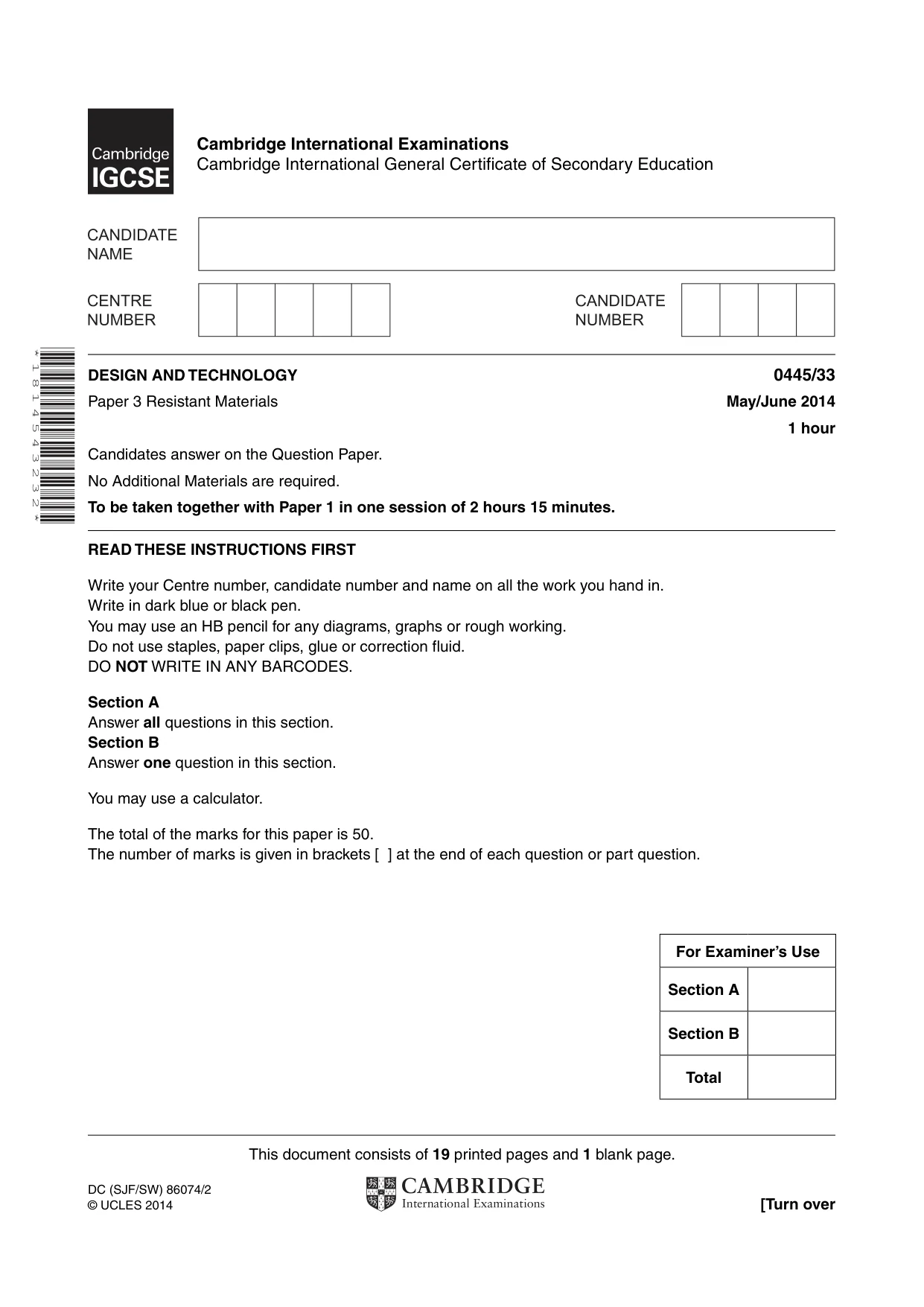 Cambridge IGCSE Design and Technology 0445 2014 May/June Paper 3 · Variant 3 question paper, page 1 of 20