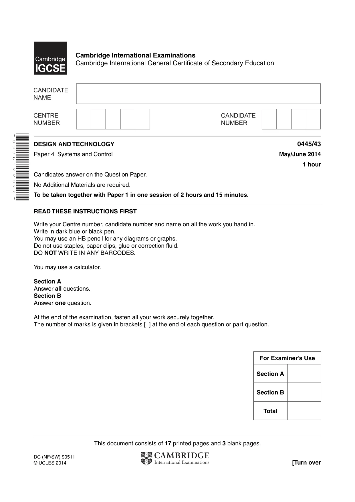 Cambridge IGCSE Design and Technology 0445 2014 May/June Paper 4 · Variant 3 question paper, page 1 of 20