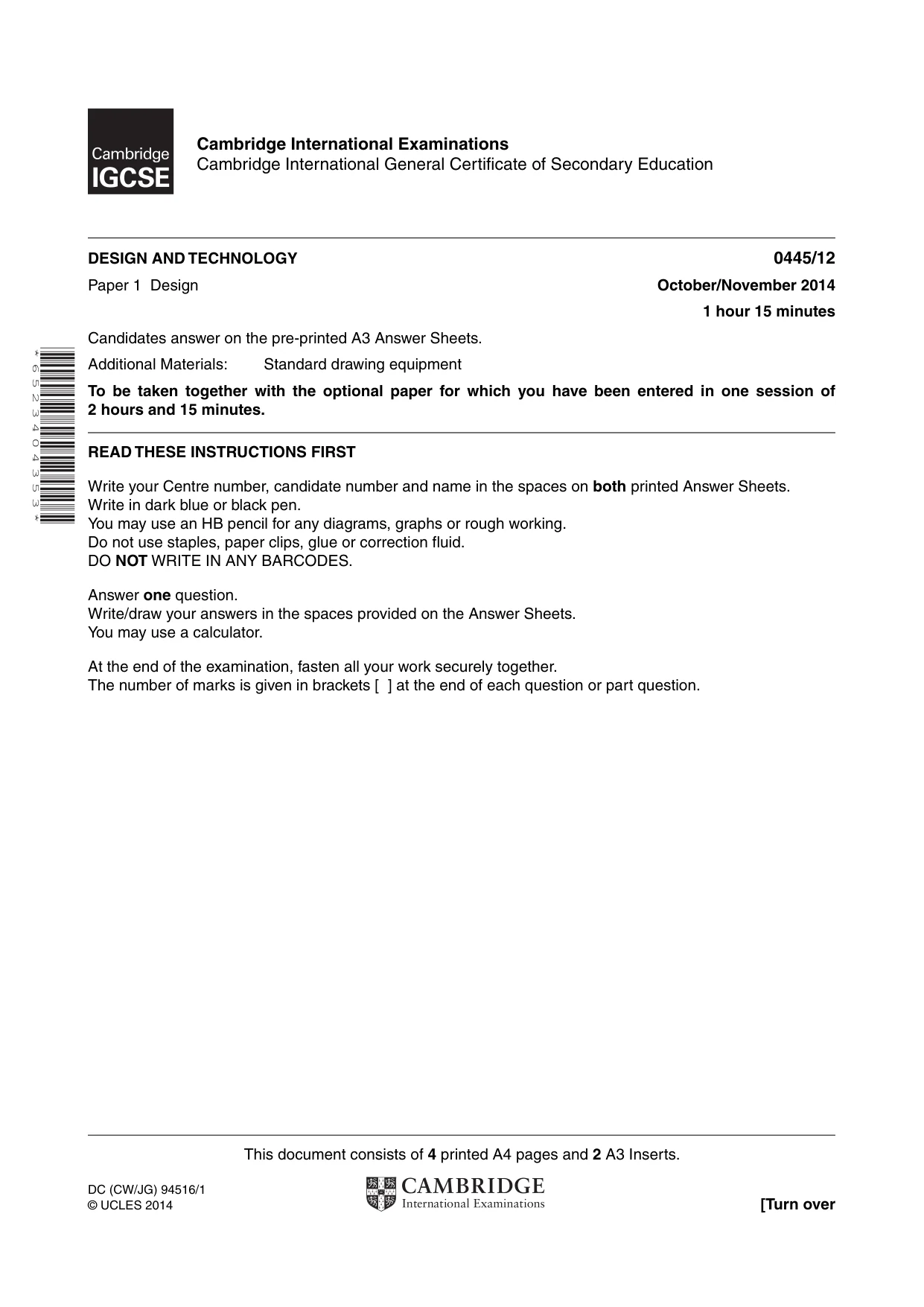 Cambridge IGCSE Design and Technology 0445 2014 Oct/Nov Paper 1 · Variant 2 question paper, page 1 of 4