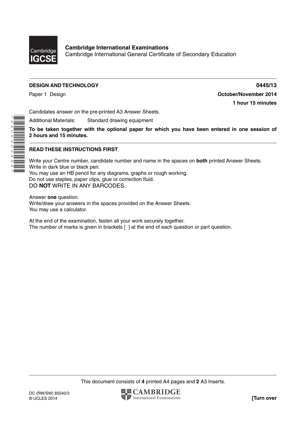Cambridge IGCSE Design and Technology 0445 2014 Oct/Nov Paper 1 · Variant 3 question paper, page 1 of 4