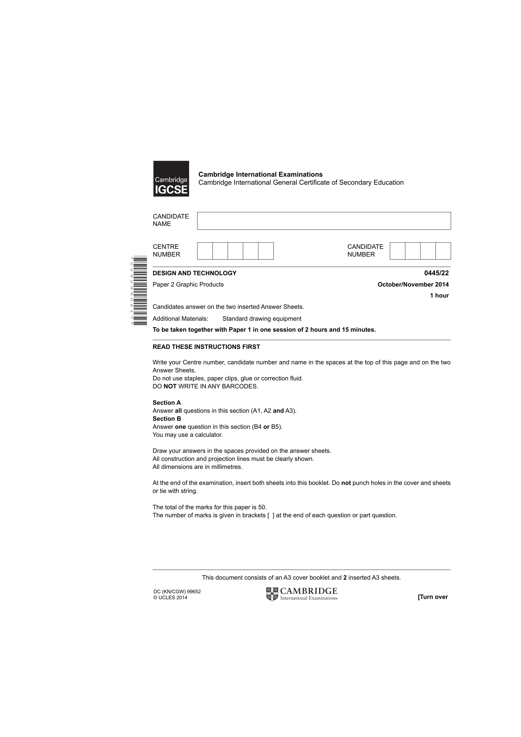 Cambridge IGCSE Design and Technology 0445 2014 Oct/Nov Paper 2 · Variant 2 question paper, page 1 of 4