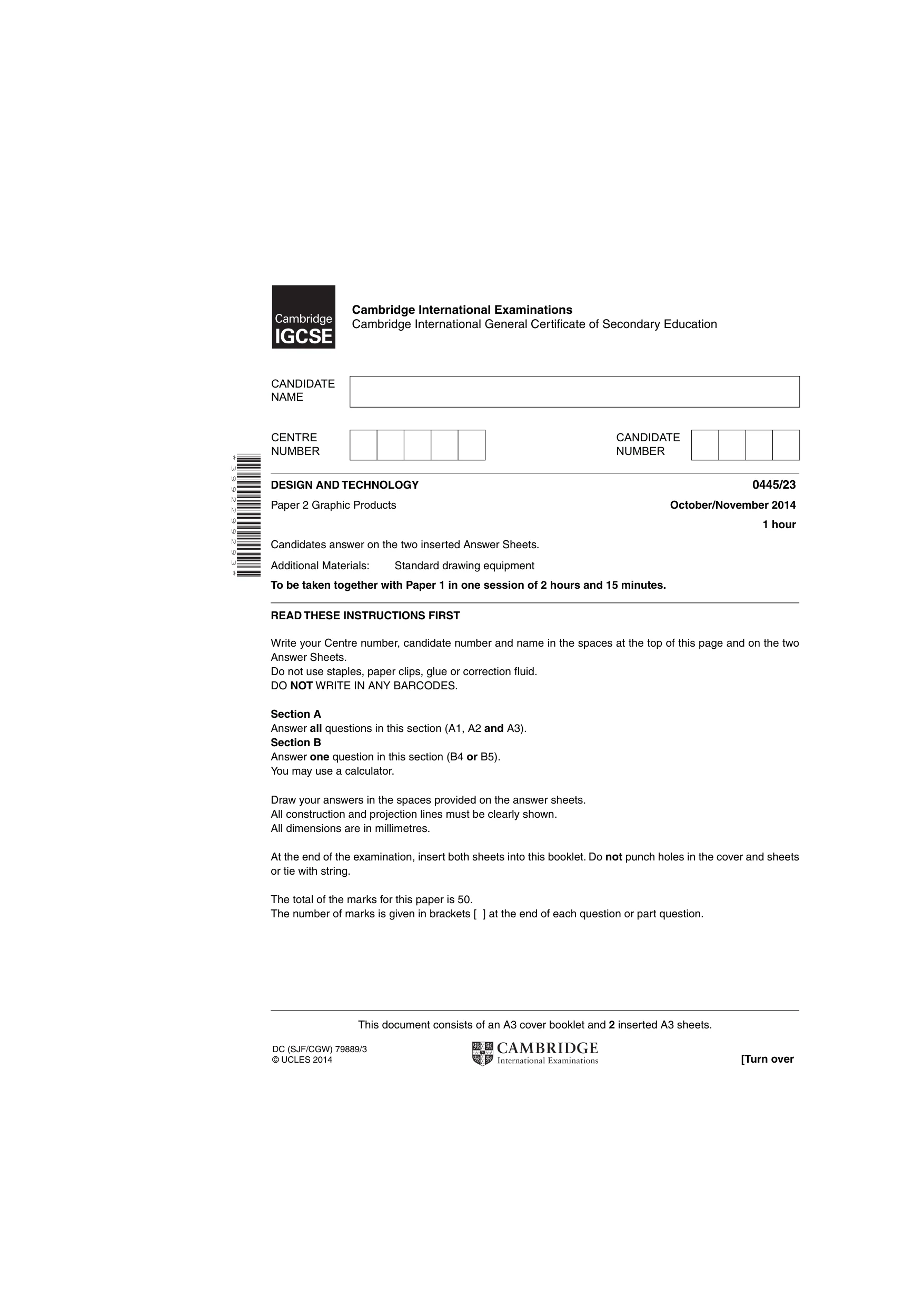 Cambridge IGCSE Design and Technology 0445 2014 Oct/Nov Paper 2 · Variant 3 question paper, page 1 of 4