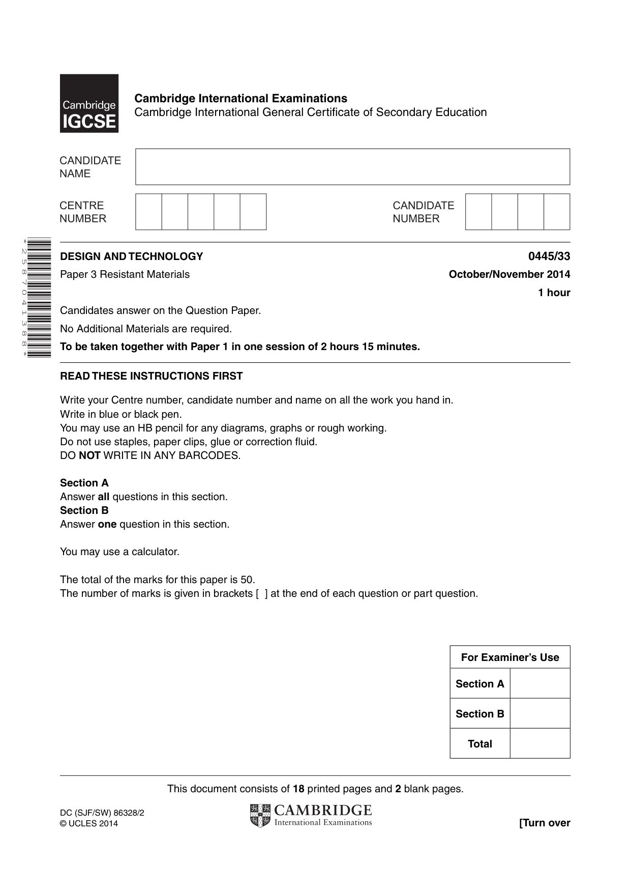 Cambridge IGCSE Design and Technology 0445 2014 Oct/Nov Paper 3 · Variant 3 question paper, page 1 of 20