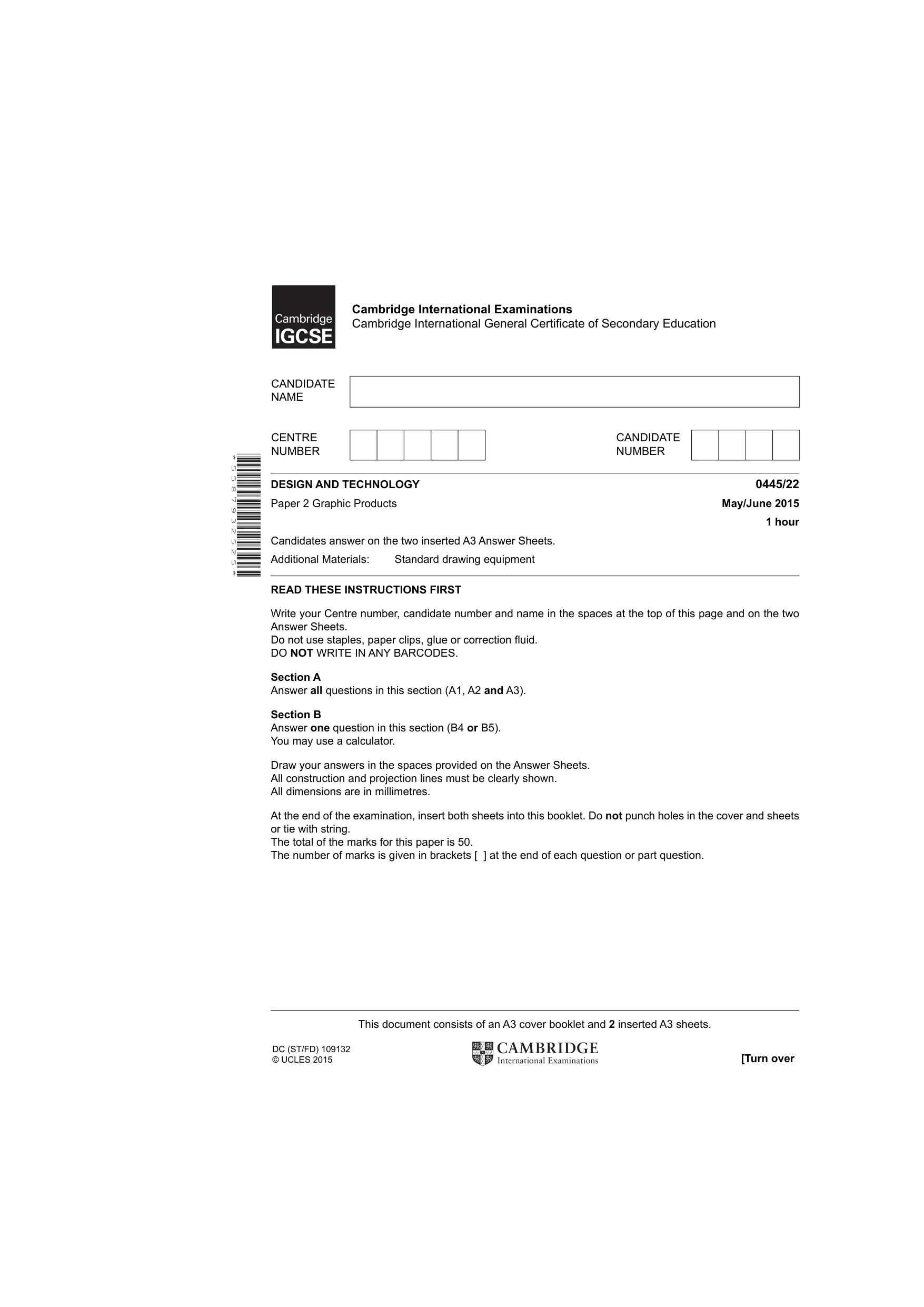 Cambridge IGCSE Design and Technology 0445 2015 May/June Paper 2 · Variant 2 question paper, page 1 of 4