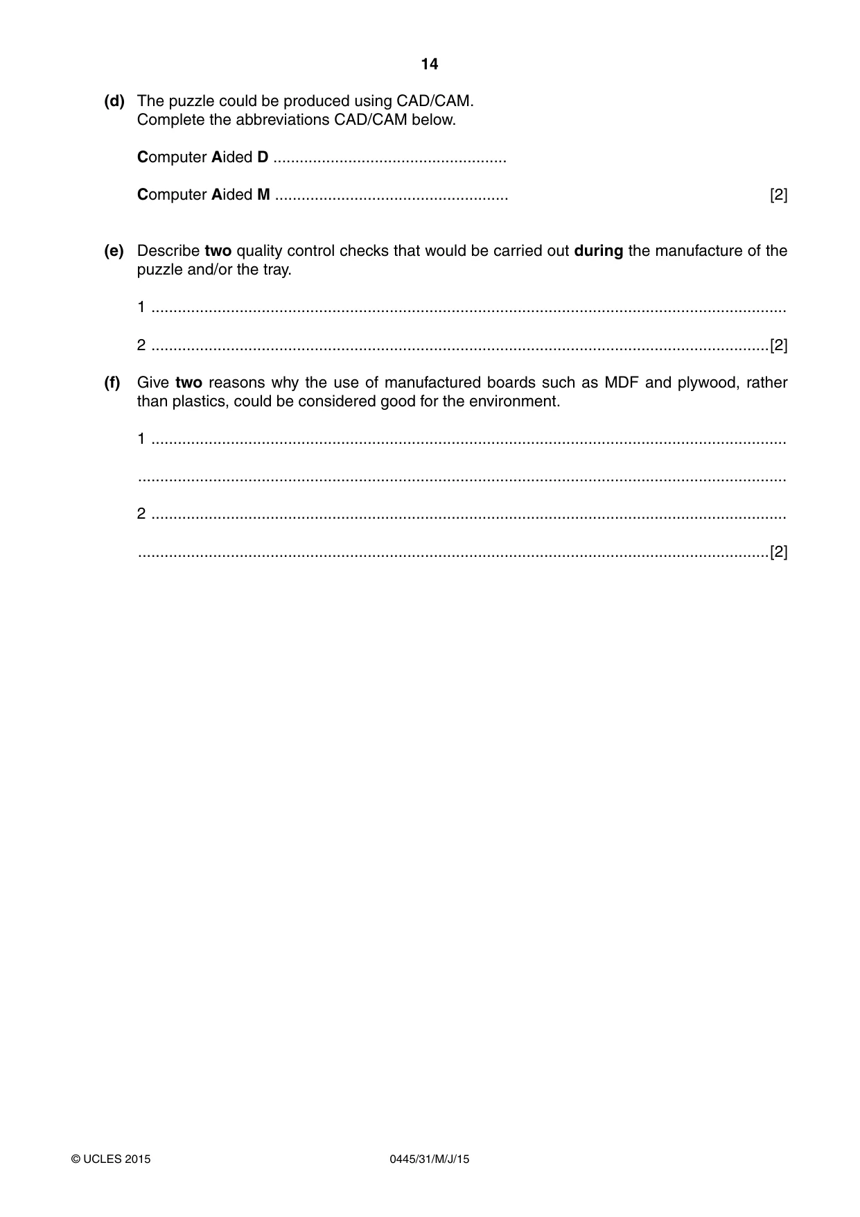 Cambridge IGCSE Design and Technology 0445 2015 May/June Paper 3 · Variant 1 question paper, page 14 of 16