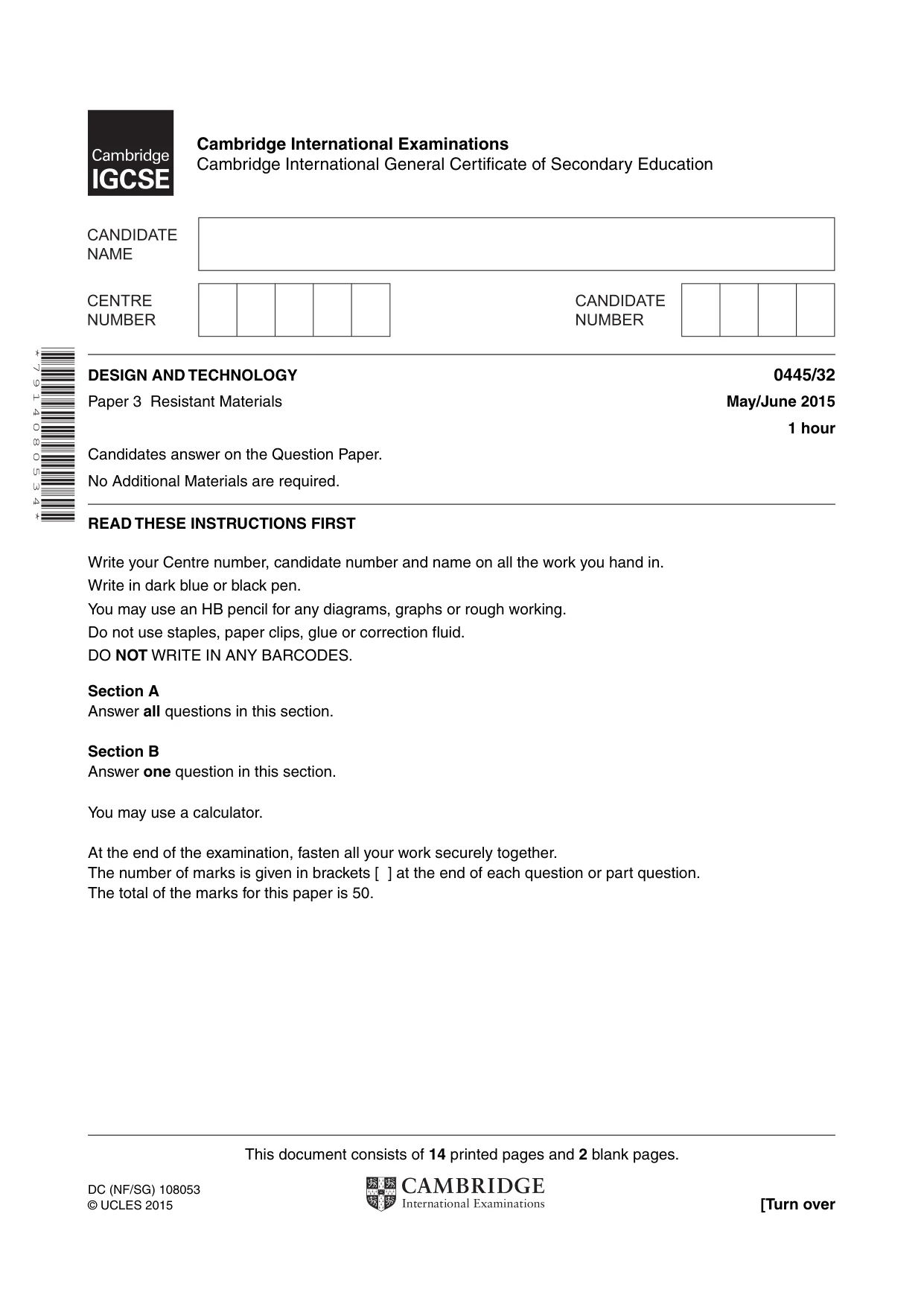 Cambridge IGCSE Design and Technology 0445 2015 May/June Paper 3 · Variant 2 question paper, page 1 of 16