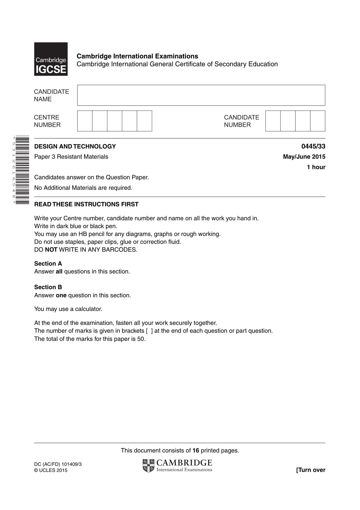 Cambridge IGCSE Design and Technology 0445 2015 May/June Paper 3 · Variant 3 question paper, page 1 of 16