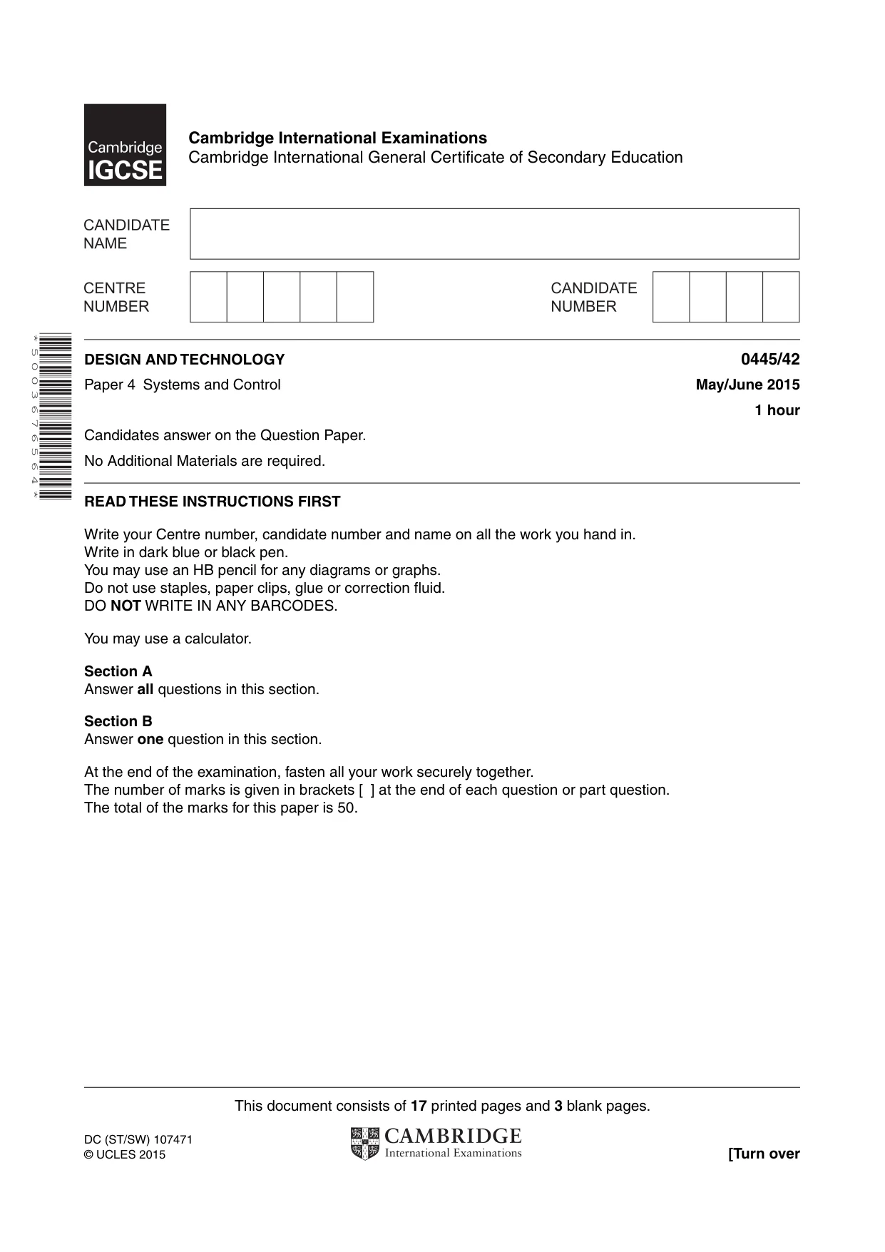 Cambridge IGCSE Design and Technology 0445 2015 May/June Paper 4 · Variant 2 question paper, page 1 of 20
