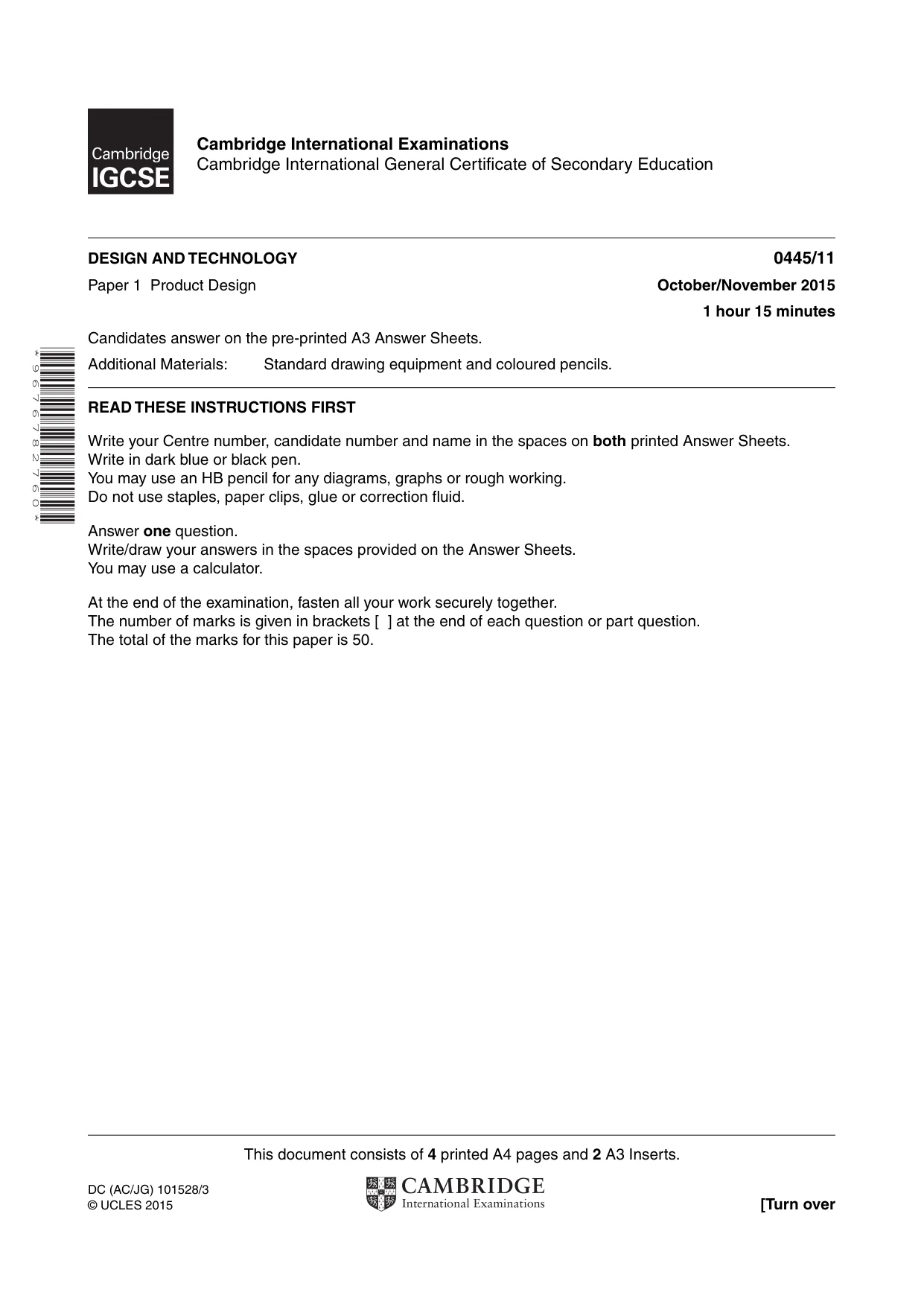 Cambridge IGCSE Design and Technology 0445 2015 Oct/Nov Paper 1 · Variant 1 question paper, page 1 of 4