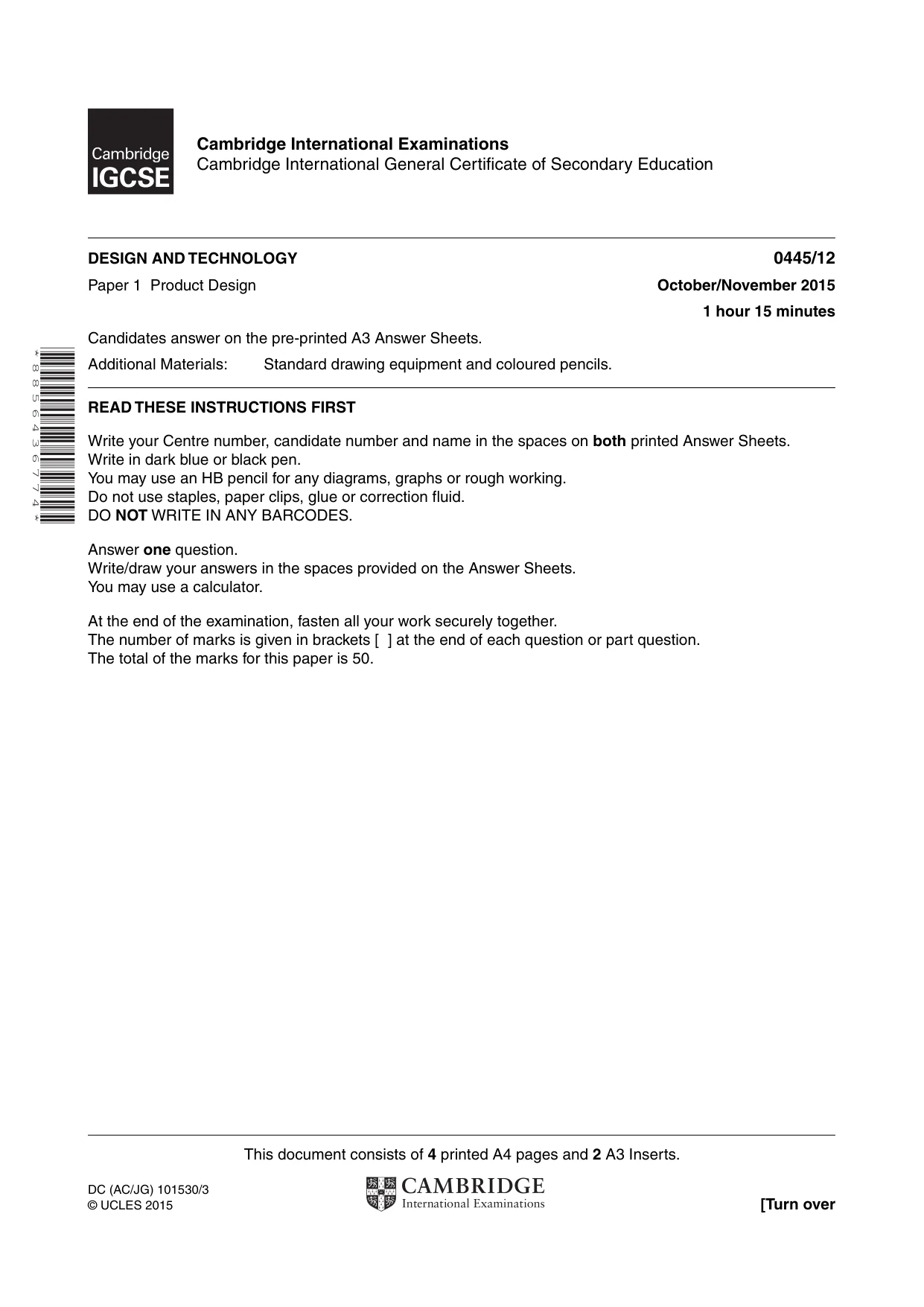 Cambridge IGCSE Design and Technology 0445 2015 Oct/Nov Paper 1 · Variant 2 question paper, page 1 of 4