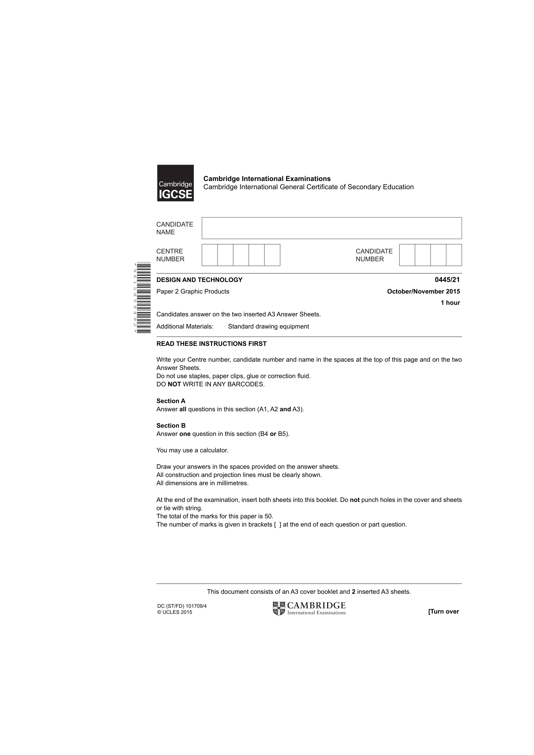 Cambridge IGCSE Design and Technology 0445 2015 Oct/Nov Paper 2 · Variant 1 question paper, page 1 of 4