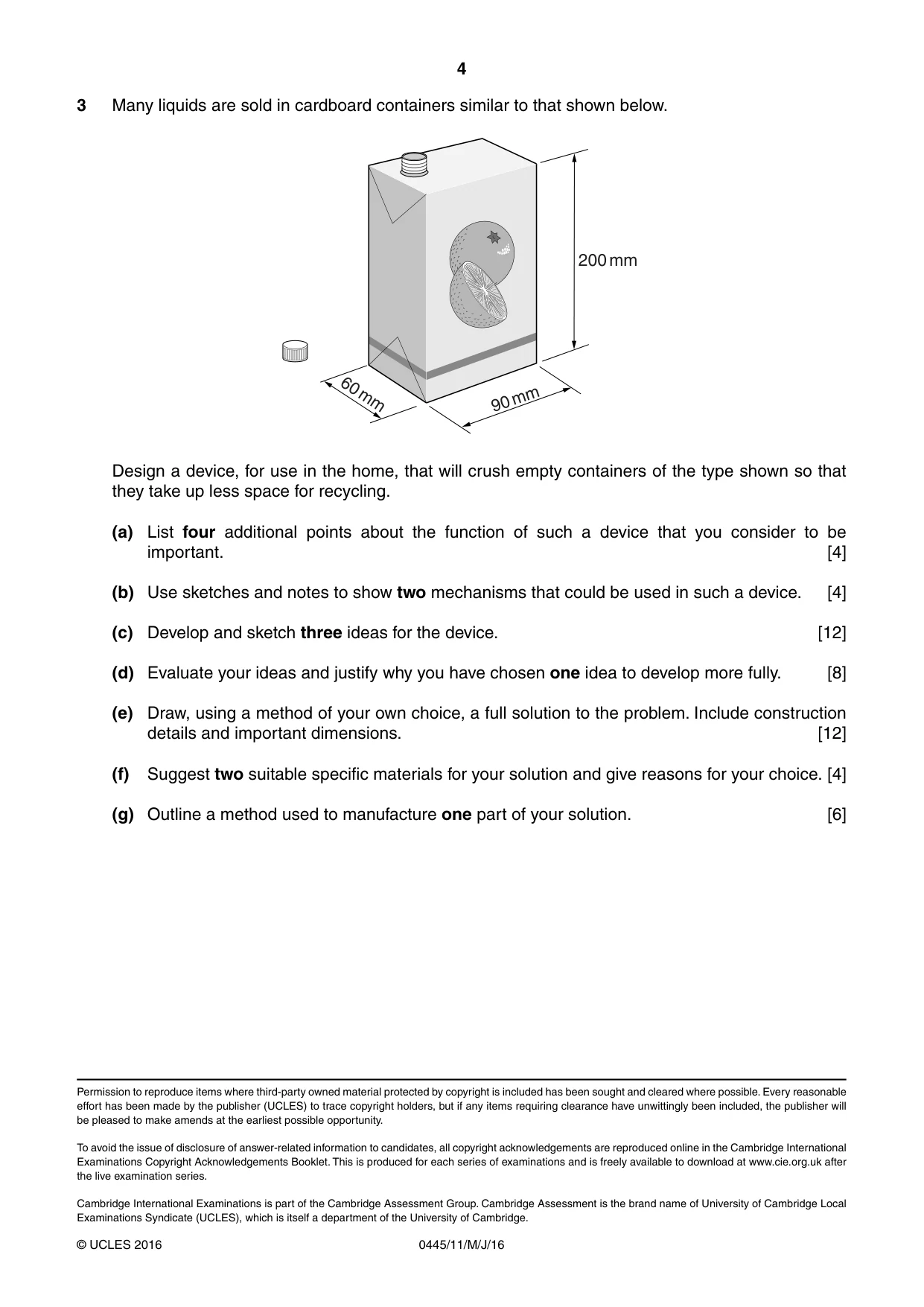 Cambridge IGCSE Design and Technology 0445 2016 May/June Paper 1 · Variant 1 question paper, page 4 of 4
