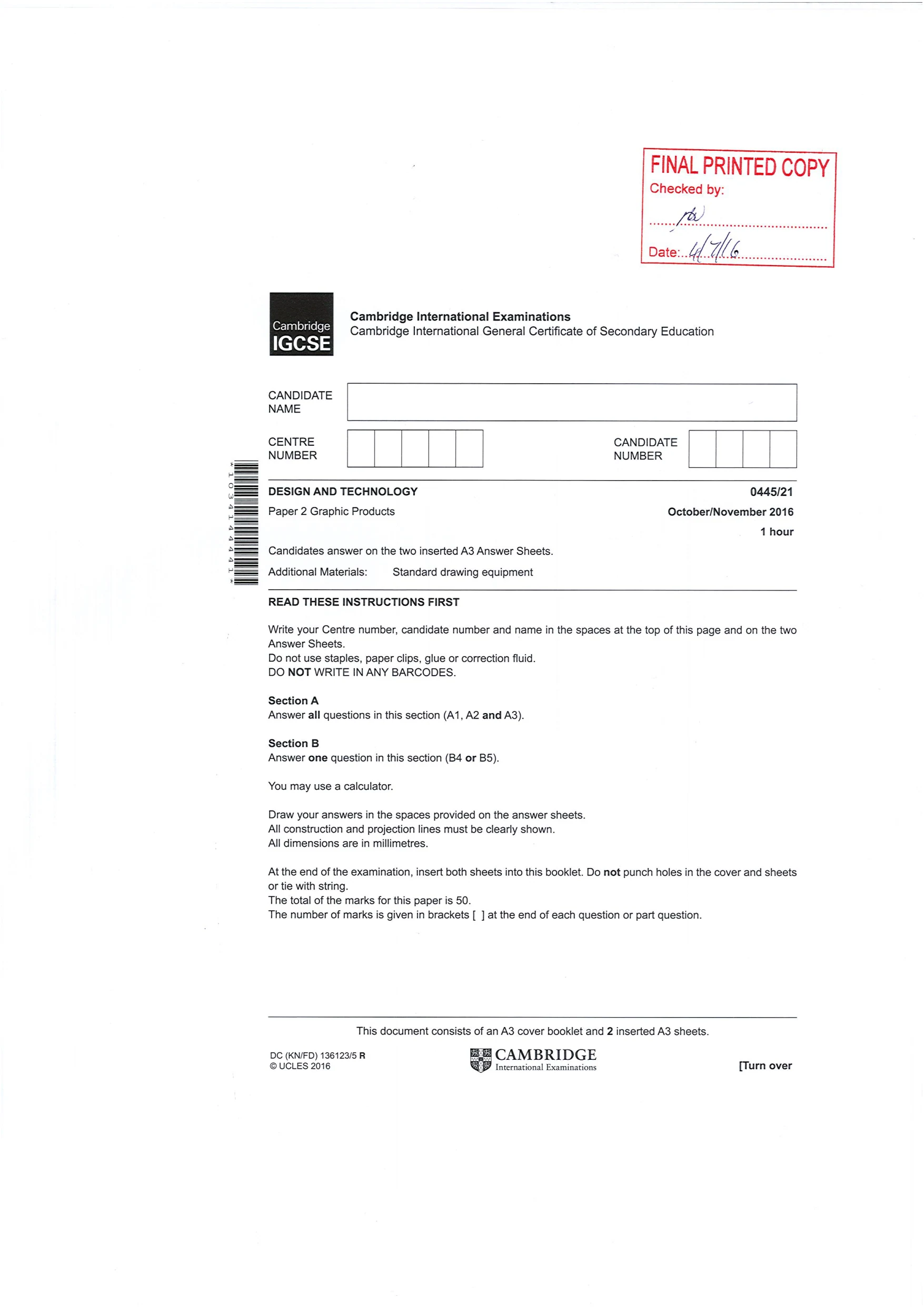 Cambridge IGCSE Design and Technology 0445 2016 Oct/Nov Paper 2 · Variant 1 question paper, page 5 of 5