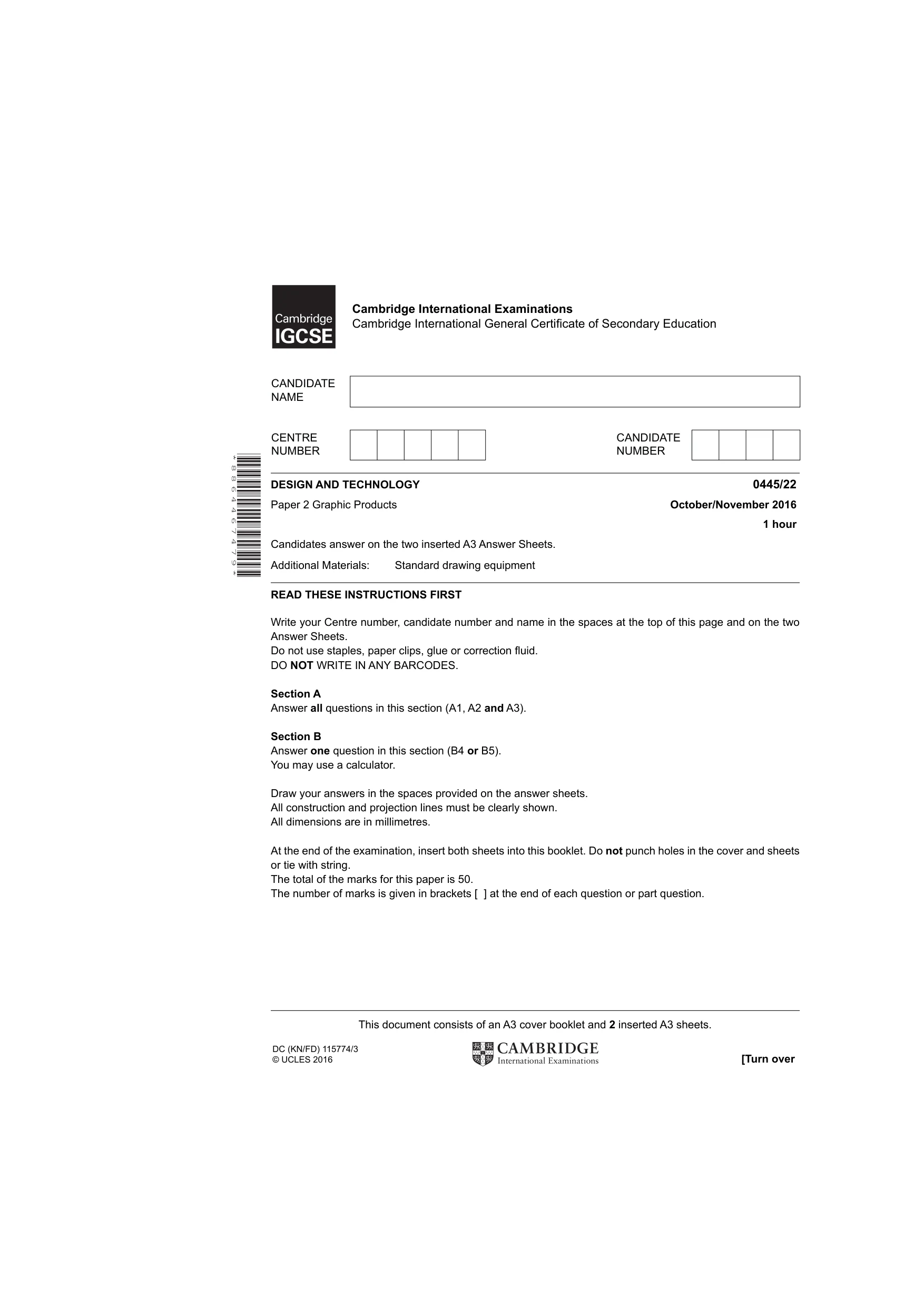 Cambridge IGCSE Design and Technology 0445 2016 Oct/Nov Paper 2 · Variant 2 question paper, page 1 of 4