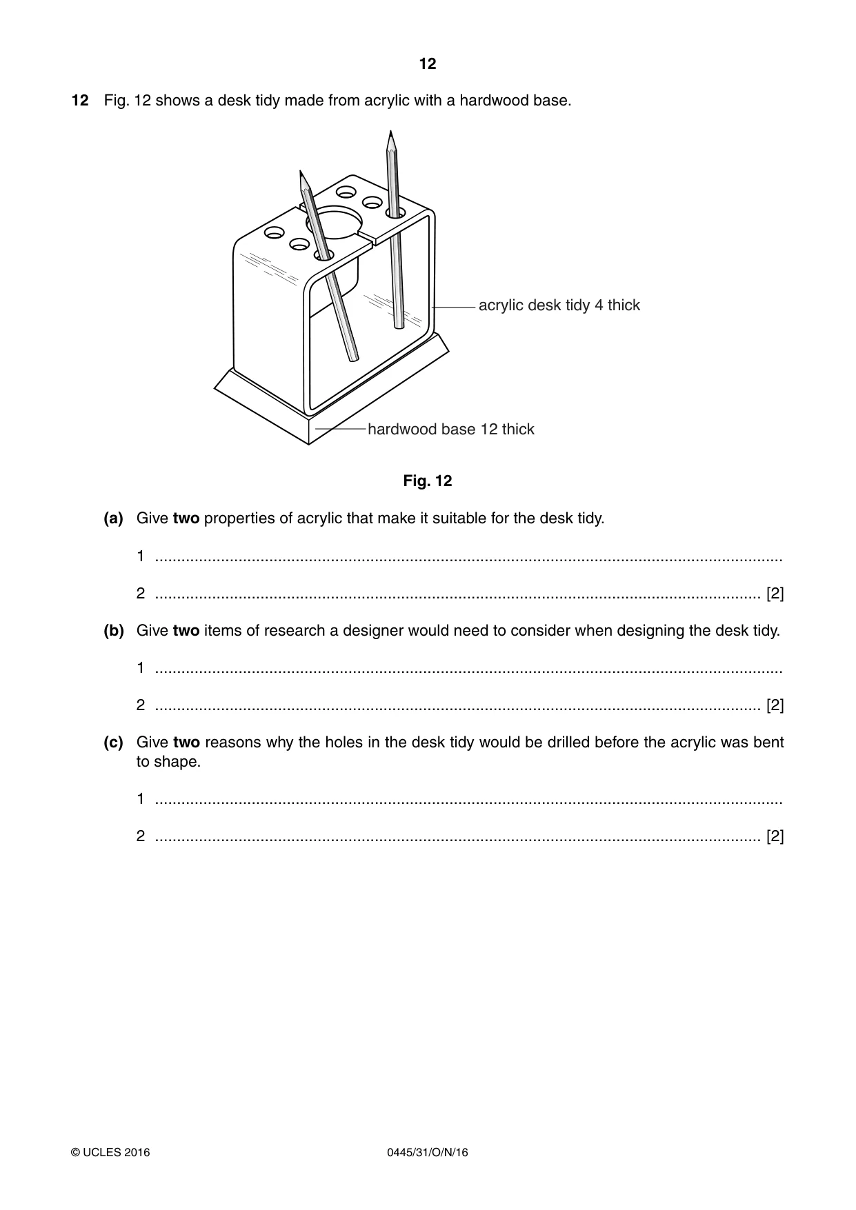 Cambridge IGCSE Design and Technology 0445 2016 Oct/Nov Paper 3 · Variant 1 question paper, page 12 of 20