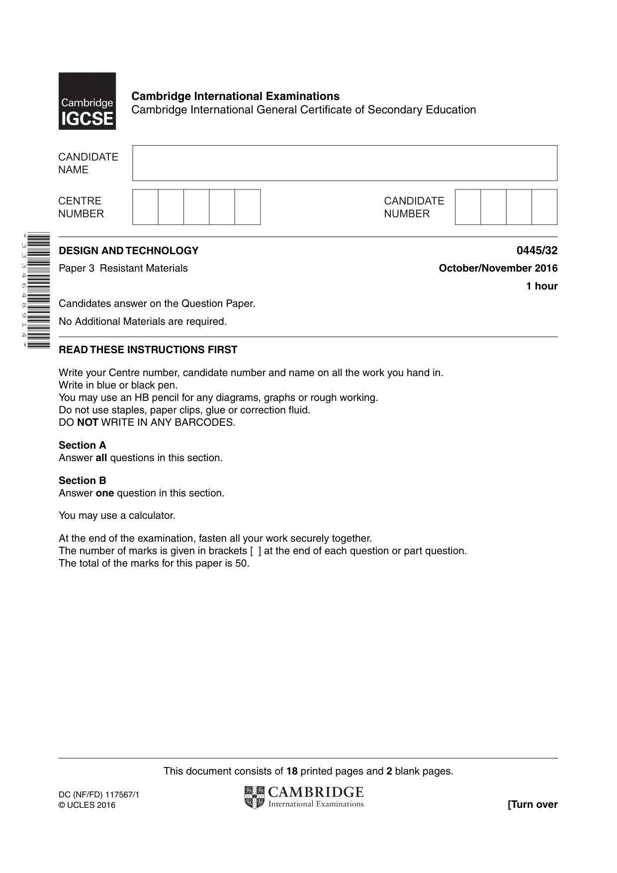 Cambridge IGCSE Design and Technology 0445 2016 Oct/Nov Paper 3 · Variant 2 question paper, page 1 of 20