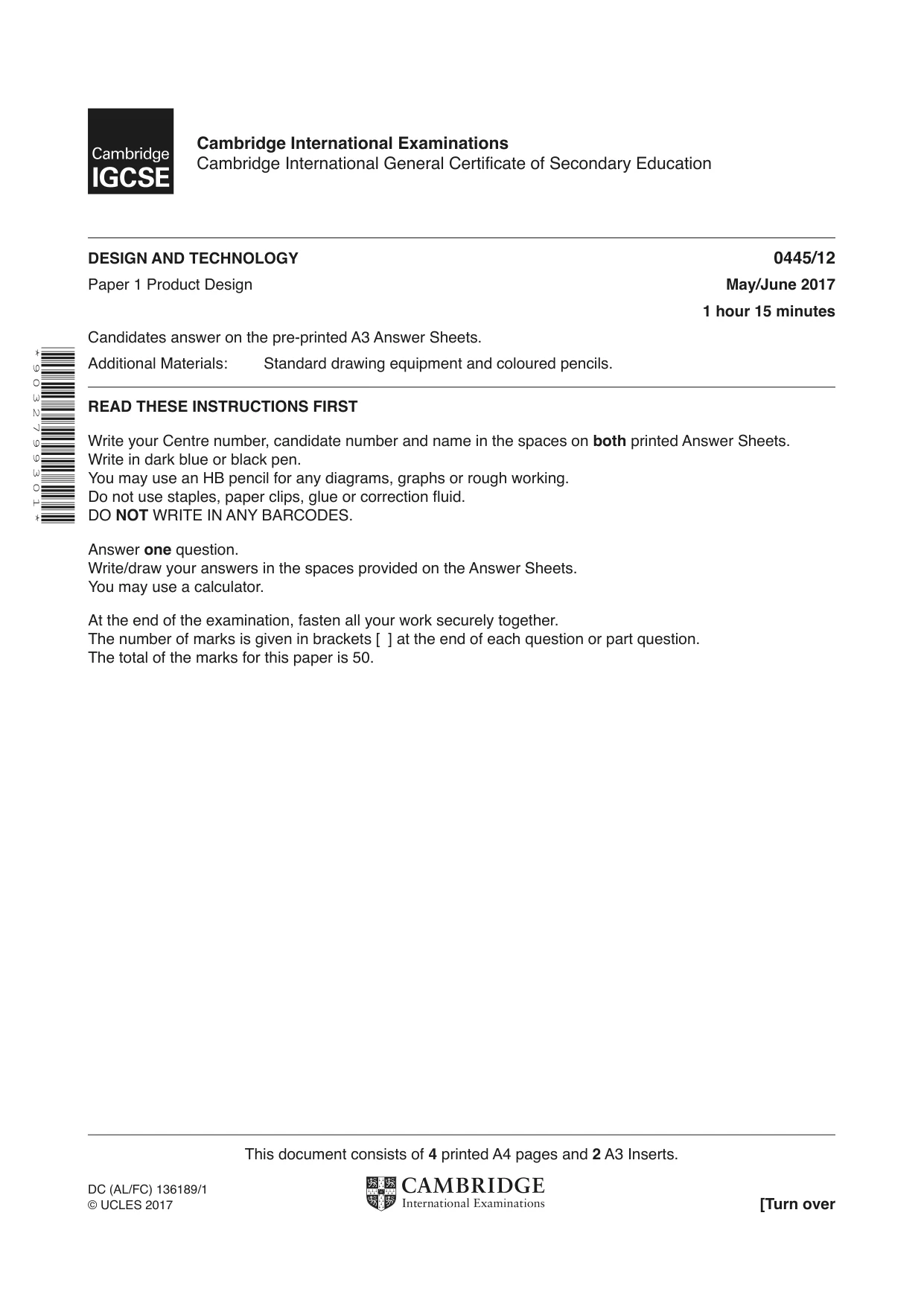 Cambridge IGCSE Design and Technology 0445 2017 May/June Paper 1 · Variant 2 question paper, page 1 of 4