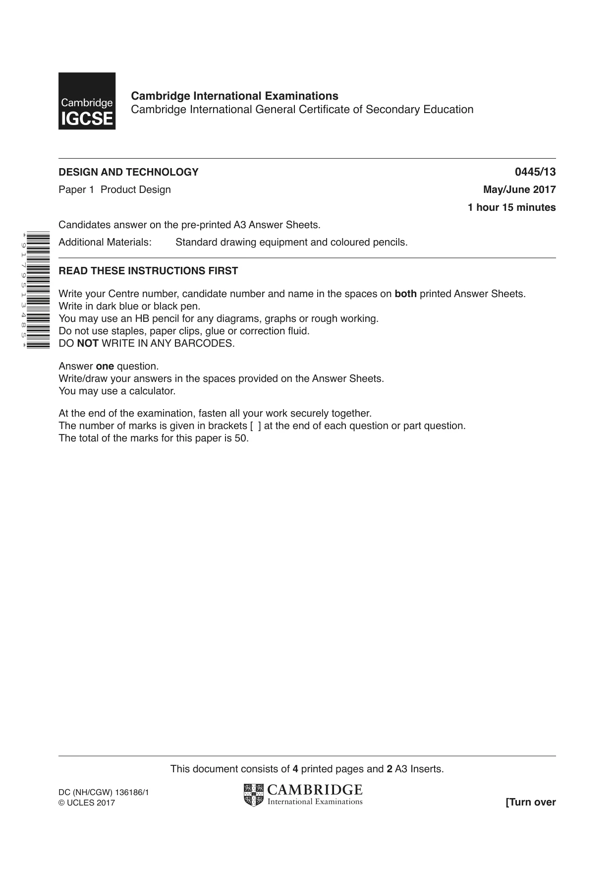 Cambridge IGCSE Design and Technology 0445 2017 May/June Paper 1 · Variant 3 question paper, page 1 of 4