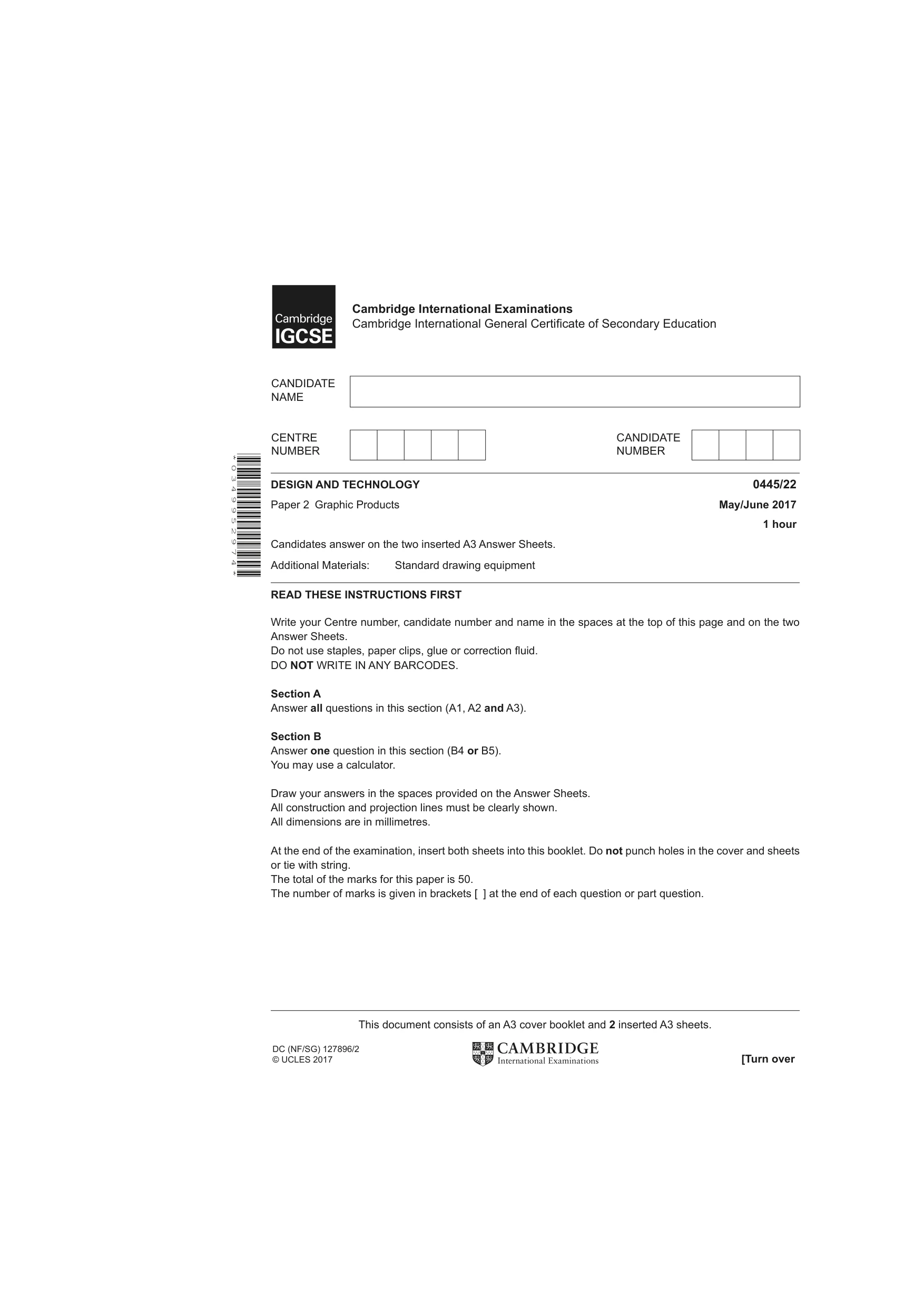 Cambridge IGCSE Design and Technology 0445 2017 May/June Paper 2 · Variant 2 question paper, page 1 of 4