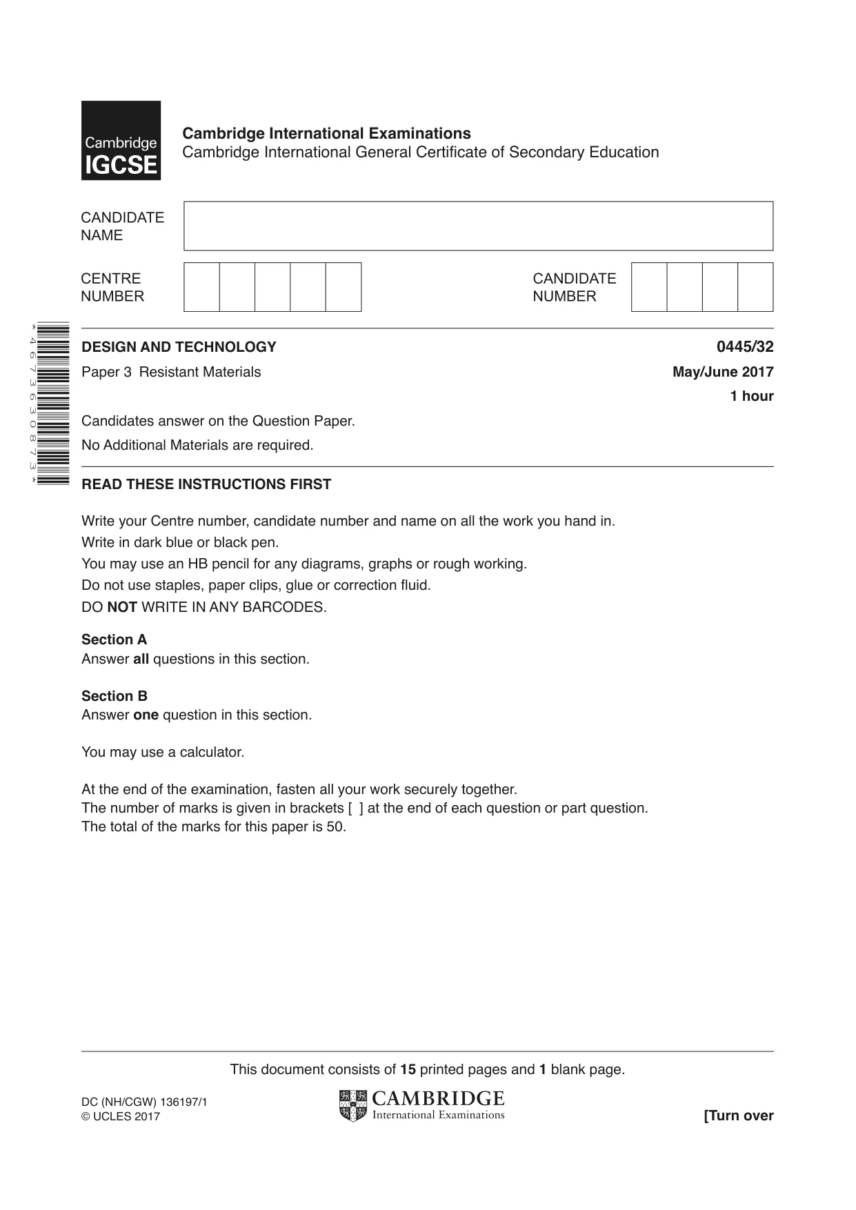 Cambridge IGCSE Design and Technology 0445 2017 May/June Paper 3 · Variant 2 question paper, page 1 of 16