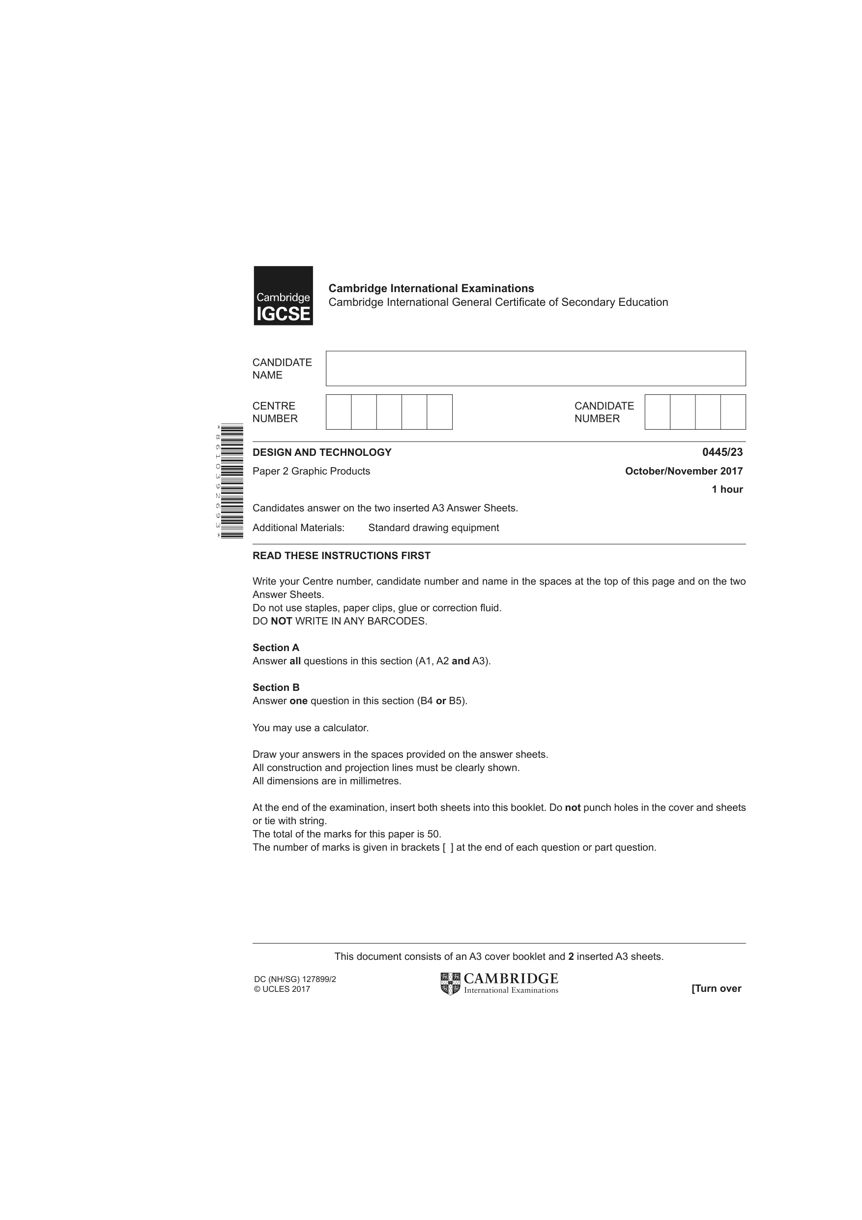 Cambridge IGCSE Design and Technology 0445 2017 Oct/Nov Paper 2 · Variant 3 question paper, page 1 of 4