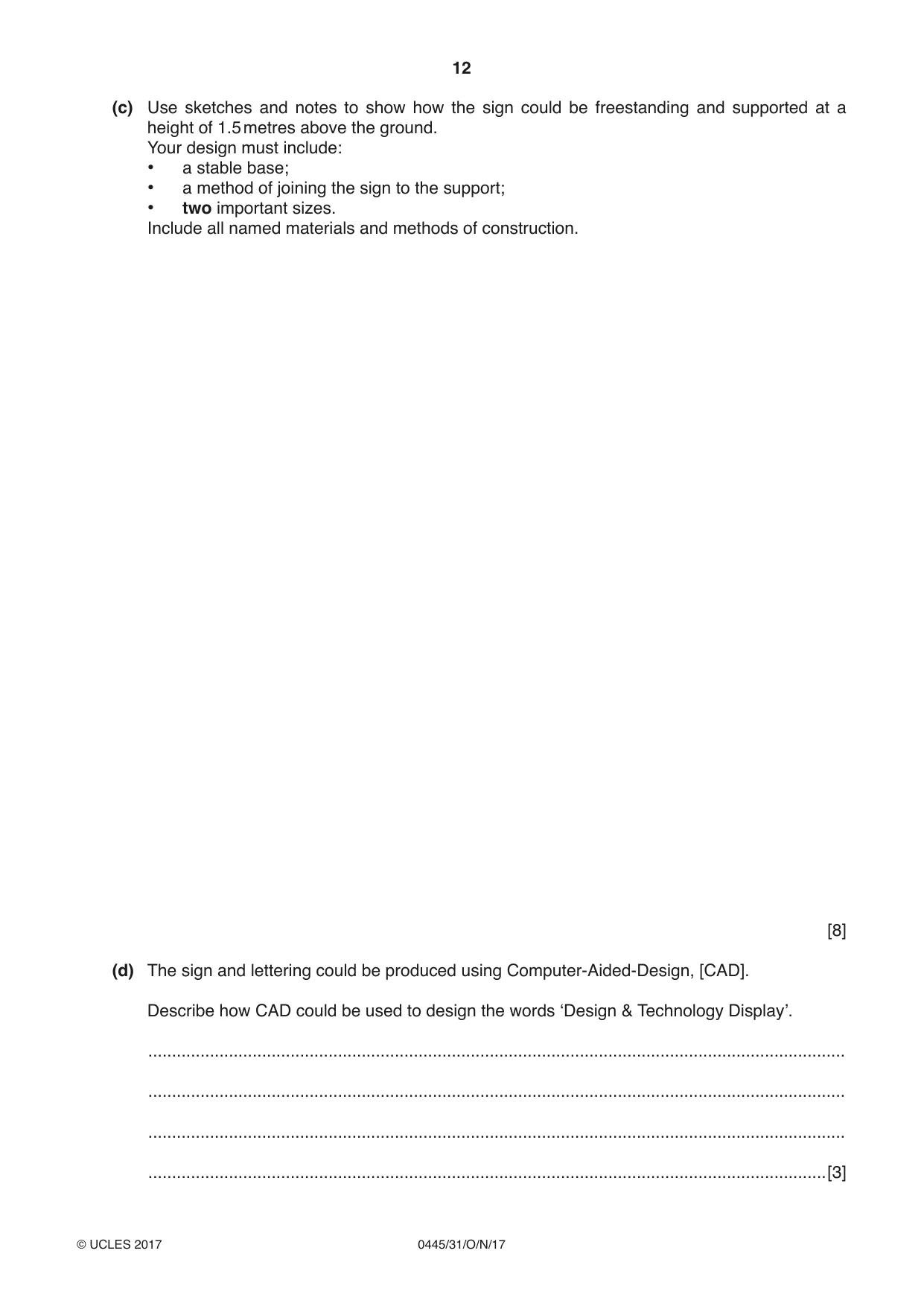 Cambridge IGCSE Design and Technology 0445 2017 Oct/Nov Paper 3 · Variant 1 question paper, page 12 of 16