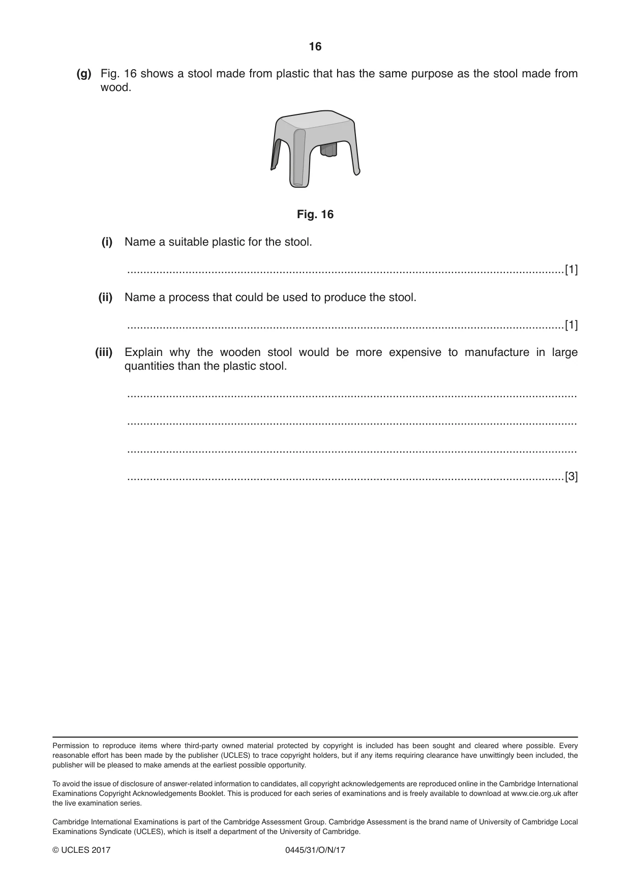 Cambridge IGCSE Design and Technology 0445 2017 Oct/Nov Paper 3 · Variant 1 question paper, page 16 of 16