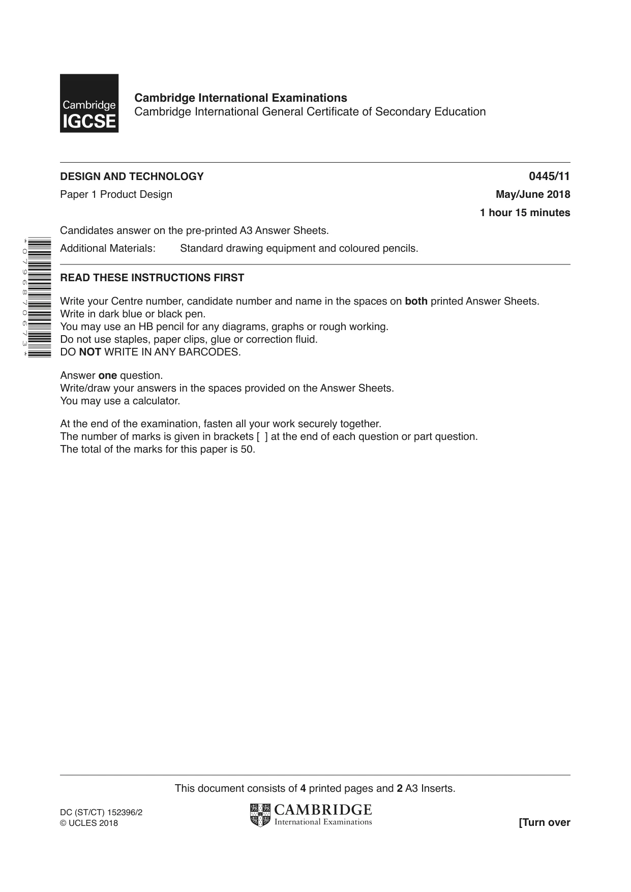Cambridge IGCSE Design and Technology 0445 2018 May/June Paper 1 · Variant 1 question paper, page 1 of 4