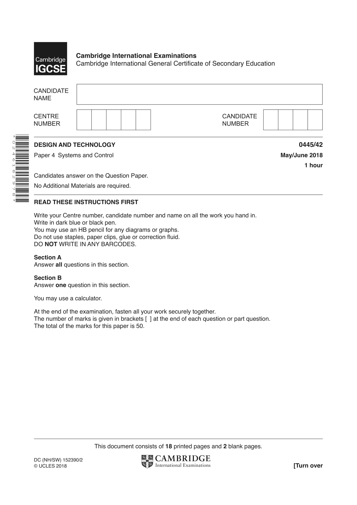 Cambridge IGCSE Design and Technology 0445 2018 May/June Paper 4 · Variant 2 question paper, page 1 of 20