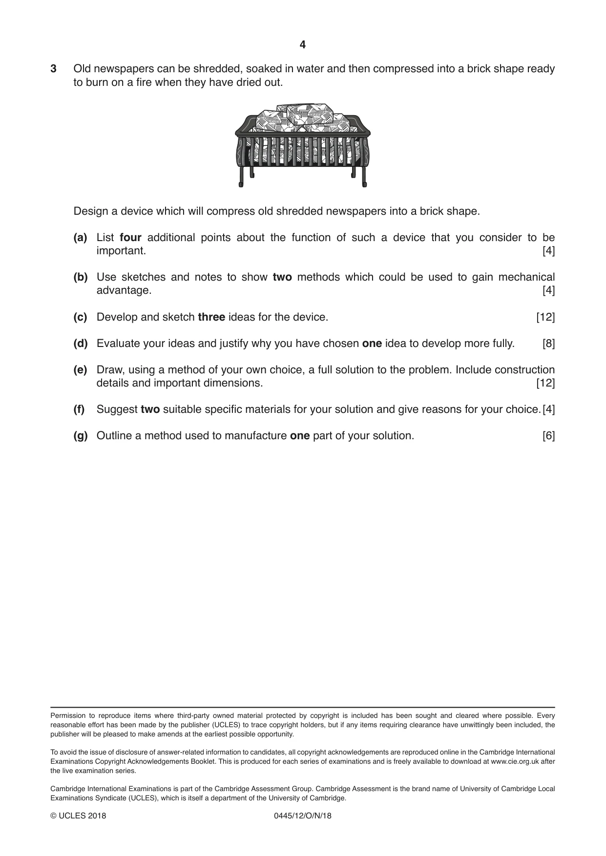 Cambridge IGCSE Design and Technology 0445 2018 Oct/Nov Paper 1 · Variant 2 question paper, page 4 of 4