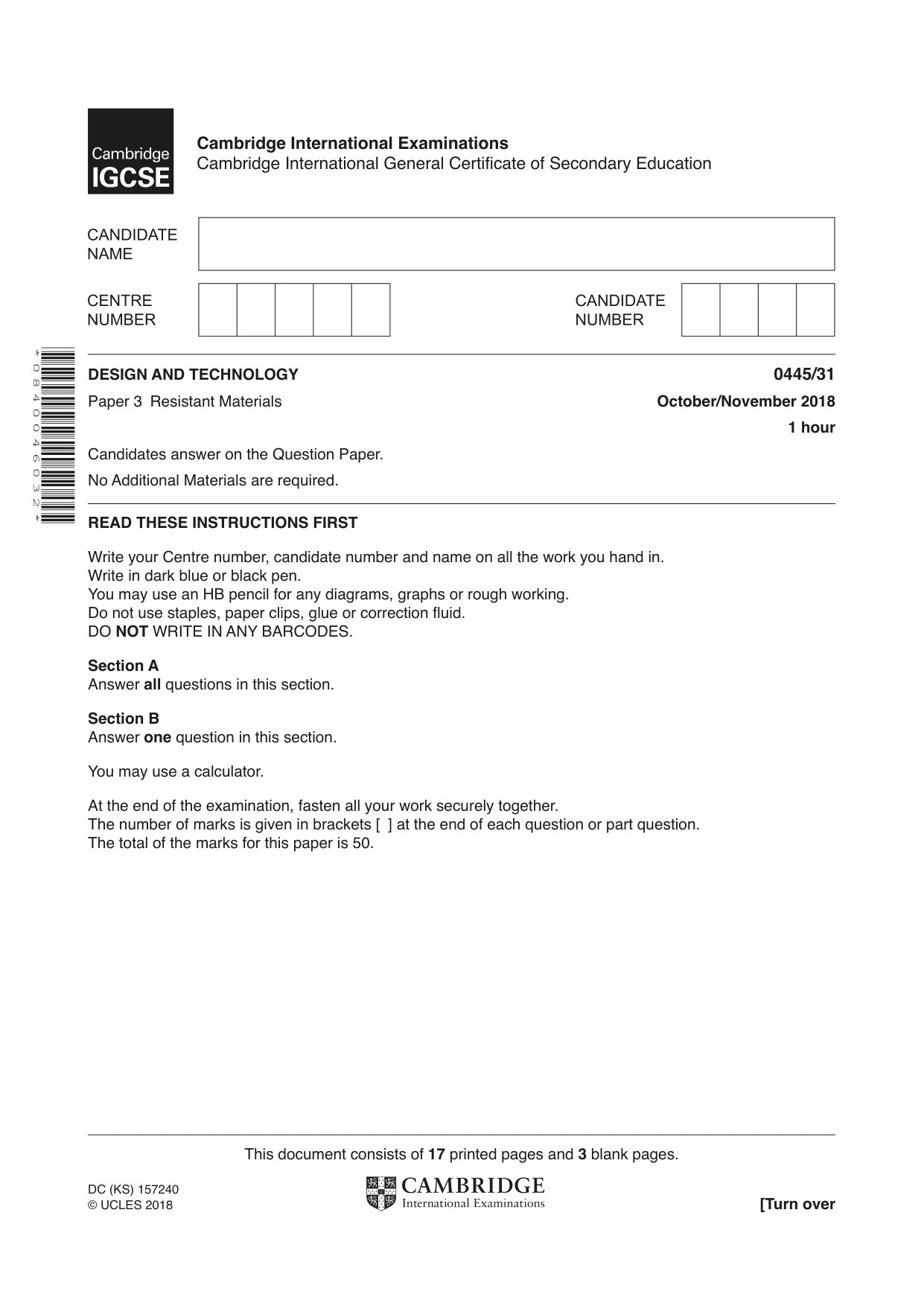 Cambridge IGCSE Design and Technology 0445 2018 Oct/Nov Paper 3 · Variant 1 question paper, page 1 of 20